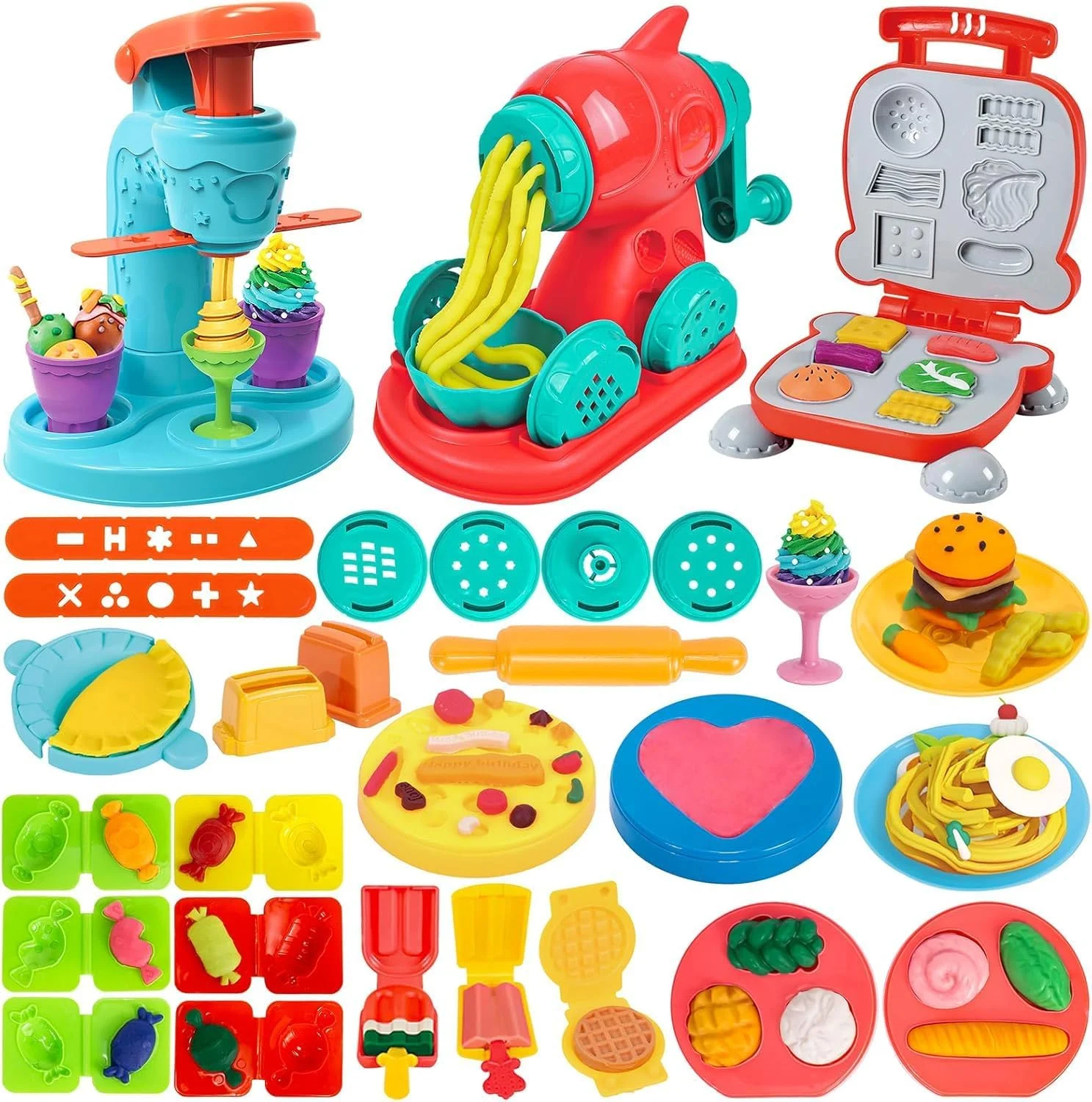 مجموعه خمیر بازی رنگی 3 در 1 برای کودکان 2 تا 8 سال، کیت لوازم جانبی ابزار خمیر، مجموعه بازی بستنی، سازنده همبرگر نودل، خلاقیت های آشپزخانه بازی خیالی، اسباب بازی های غذایی برای دختران و پسران نوپا