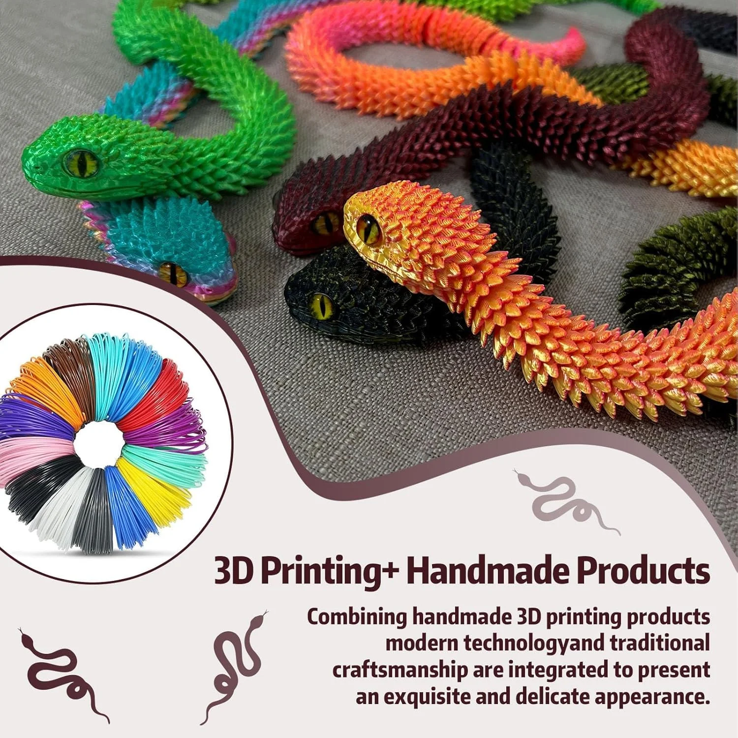 حیوانات چاپ سه بعدی - افعی مار، مار مفصلی چاپ سه بعدی، مدل تزئینی حیوانات چاپ سه بعدی، اسباب بازی خلاقانه خنده دار، هدیه جشنواره برای دوستان (نورانی)