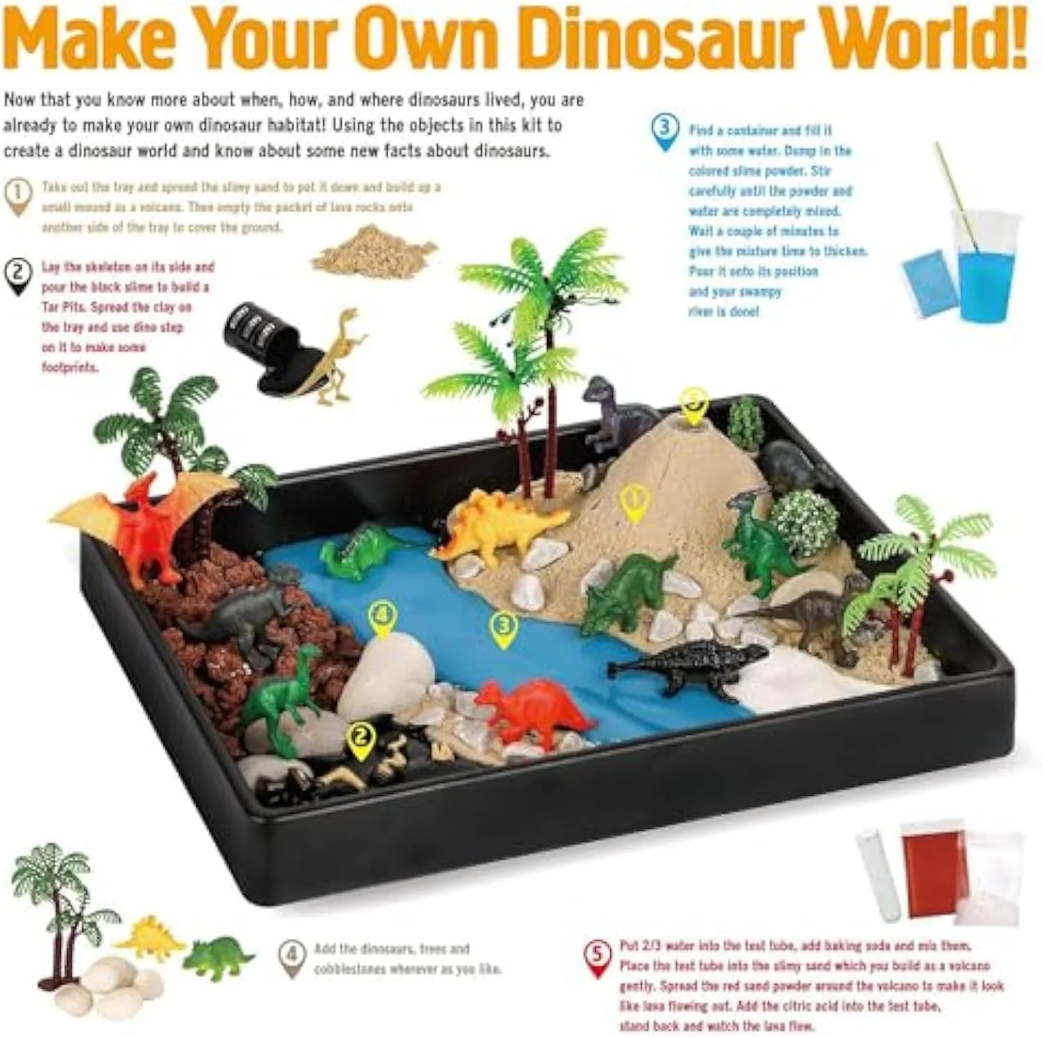 مجموعه اسباب بازی زیستگاه دایناسور خودساز، اسباب بازی دایناسور با 12 فیگور دایناسور + آزمایش آتشفشان، ساخت، کاوش و یادگیری در مورد دوران ژوراسیک با کاردستی های دایناسور STEM برای کودکان، هدیه تولد برای پسران و دختران