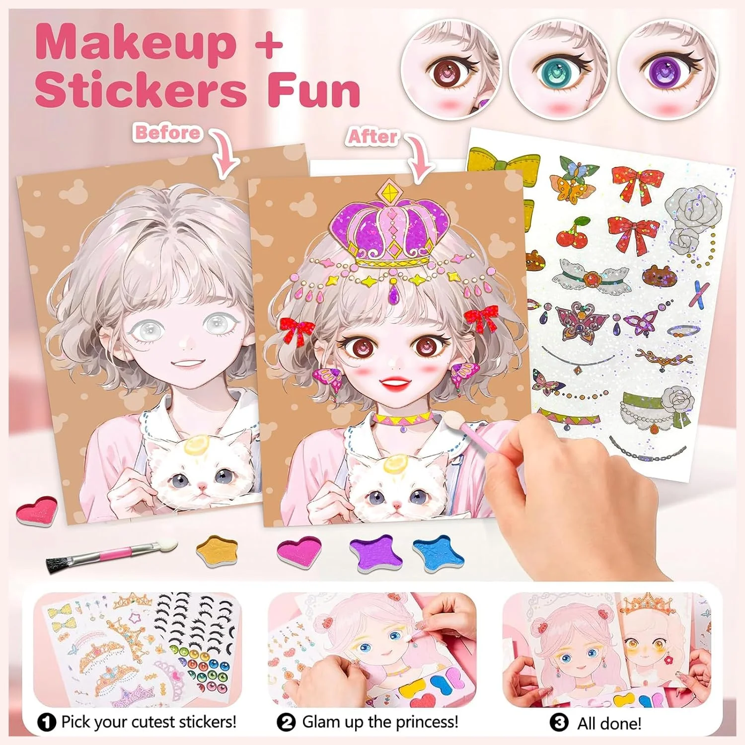 ست اسباب بازی استیکر آرایشی پرنسس برای دختران، رژگونه، ست اسباب بازی دخترانه DIY آرایش کاغذی، صنایع دستی کاغذ سایه چشم، نقاشی الماس پرنسس زیبا، هدیه تولد ایده آل برای دختران 4 5 6 7 8 9+ ساله