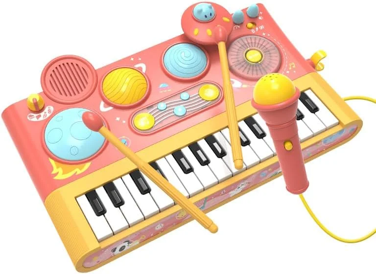 اسباب بازی موزیکال 5 در 1 برای کودکان نوپا، پیانو، زیلوفون، درام به همراه میکروفون، هدیه تولد و عید پاک برای دختران و پسران 1 تا 4 سال، میز موسیقی آموزشی (رنگ: نارنجی بنفش رندوم)