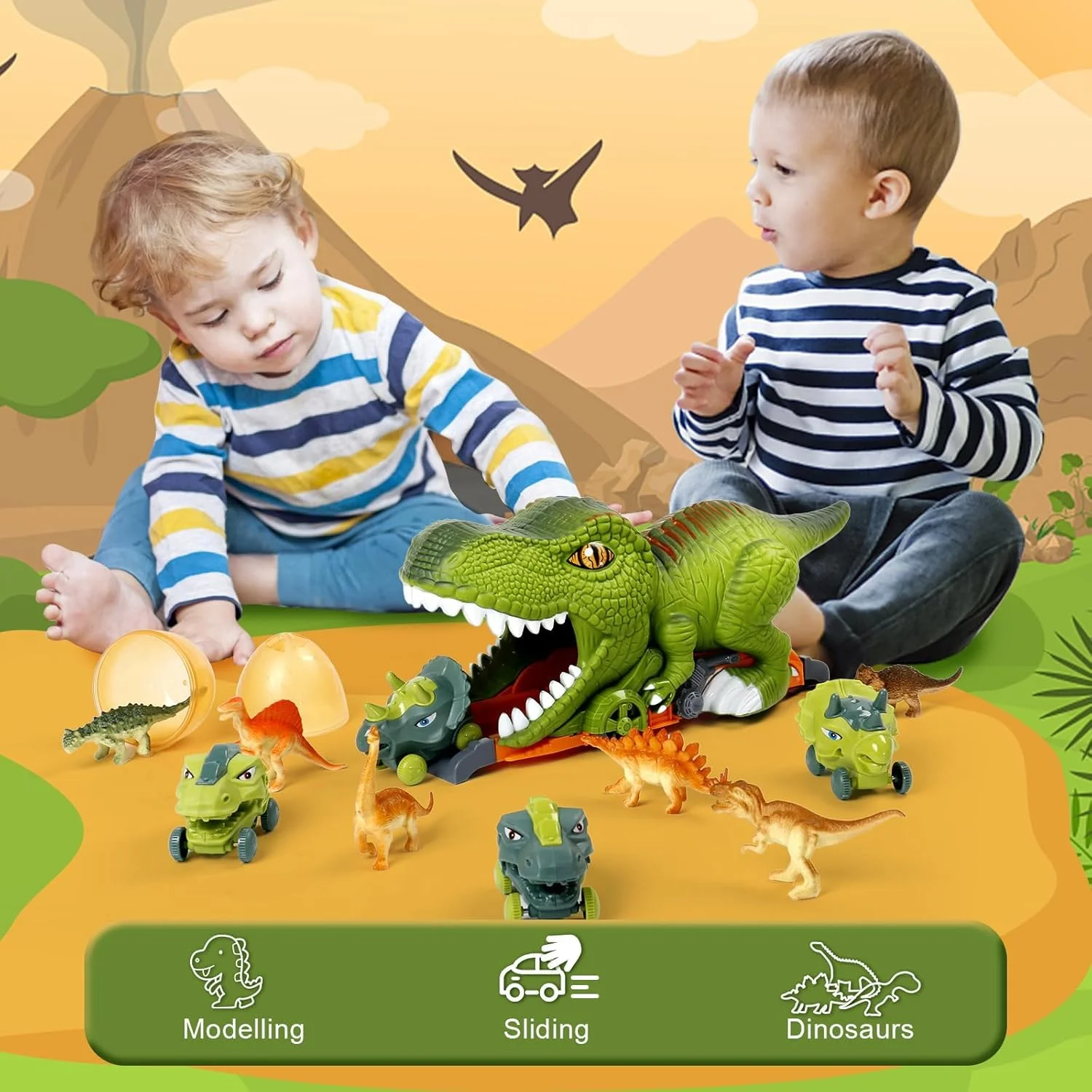 اسباب بازی دایناسور برای پسران، اسباب بازی کودکان برای هدیه پسران 3، 4 و 5 ساله، 6 فیگور دایناسور، 4 ماشین حمل دایناسور، 1 تخم دایناسور، هدیه اسباب بازی برای تولد سال نو دختران و پسران 3، 4 و 5 ساله