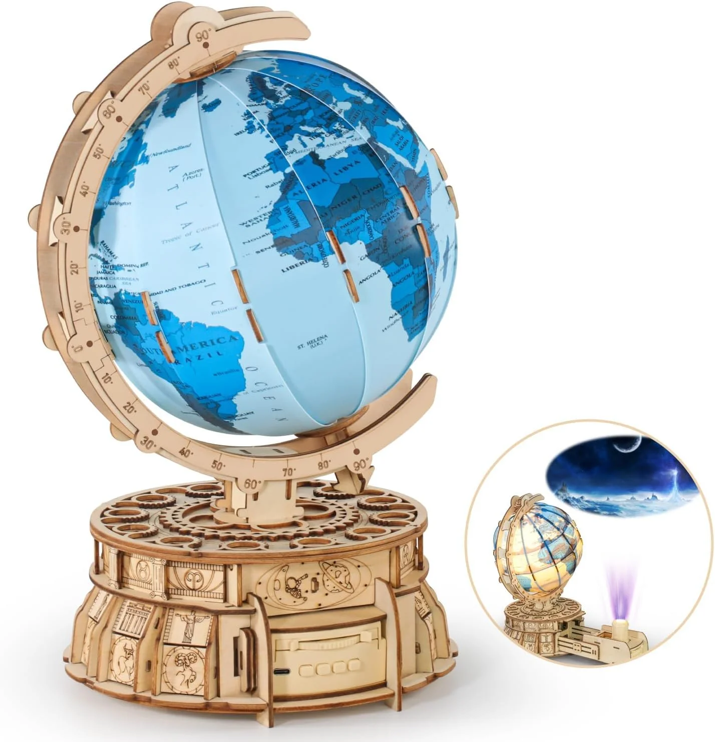 پازل چوبی سه بعدی NALACAL برای بزرگسالان، جعبه موسیقی کره زمین روشن شونده با شارژ USB، مدل چوبی LED DIY با پروژکتور فضایی، اسباب بازی های STEM برای دکور میز کودکان برای پسران/دختران 8 سال به بالا