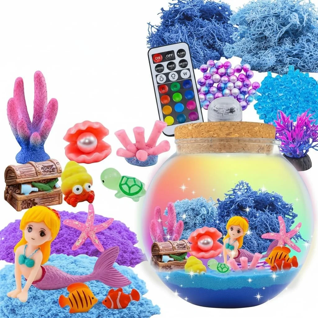 ست کاردستی تراریوم پری دریایی NALACAL برای کودکان - چراغ خواب LED با کنترل از راه دور - هدیه تولد عالی برای دختران 5 تا 12 سال - اسباب بازی خلاقانه DIY با طراحی درخشان پری دریایی