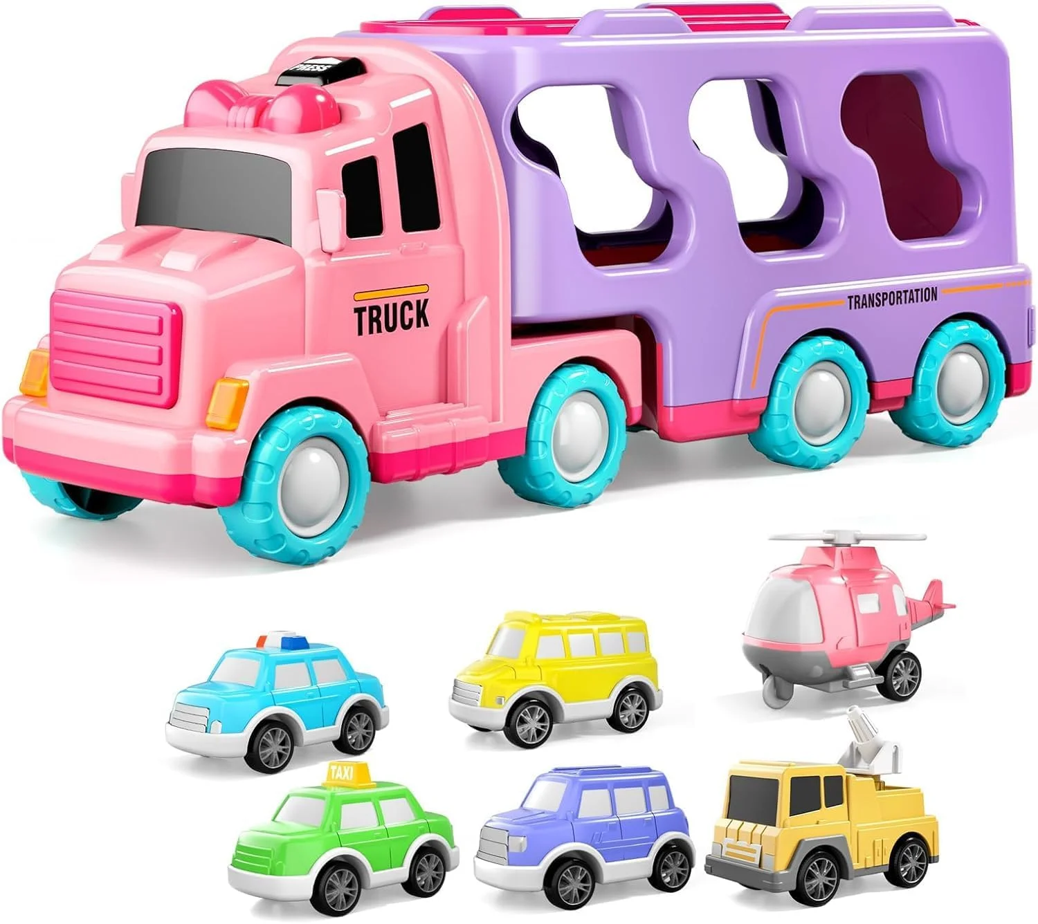 ست کامیون حمل و نقل 7 در 1 اسباب بازی برای دختران 2 تا 5 ساله، ماشین های اسباب بازی قدرتی اصطکاکی با نور و صدا، هدیه تولد برای کودکان نوپا
