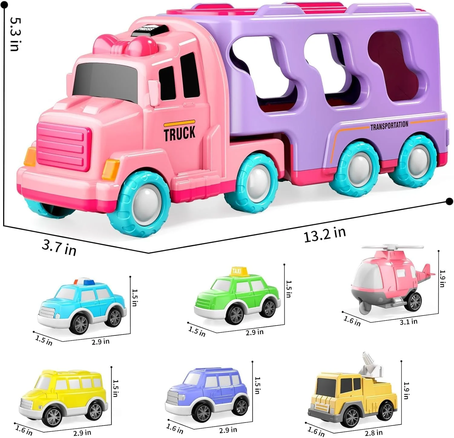 ست کامیون حمل و نقل 7 در 1 اسباب بازی برای دختران 2 تا 5 ساله، ماشین های اسباب بازی قدرتی اصطکاکی با نور و صدا، هدیه تولد برای کودکان نوپا