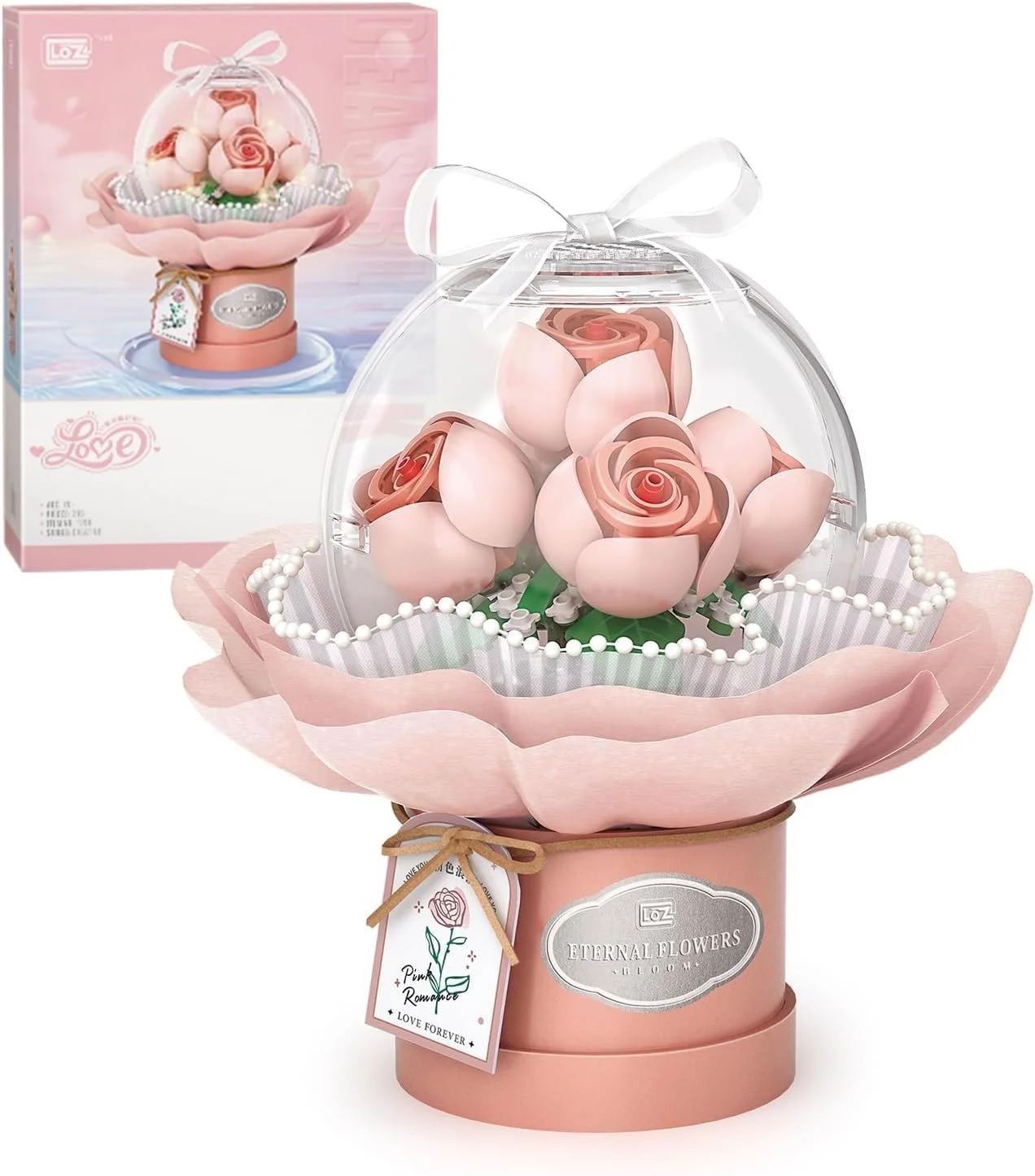 مجموعه ساخت دسته گل NALACAL، مجموعه بلوک های ساخت گل با گنبد ضد گرد و غبار، دسته گل شبیه سازی شده برای روز ولنتاین، اسباب بازی های آجری ساخت بونسا، دکور خانه (صورتی)