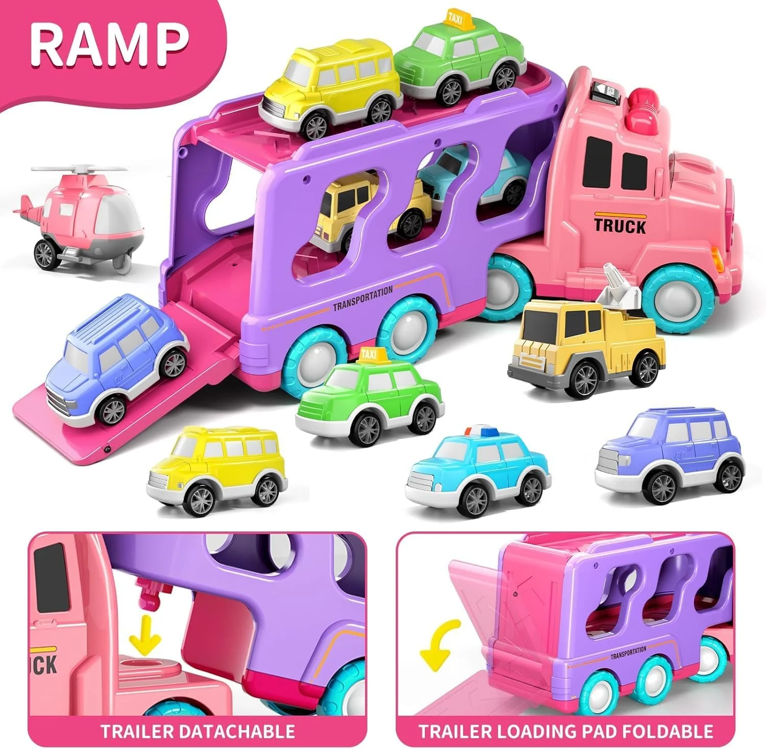 ست کامیون حمل و نقل 7 در 1 اسباب بازی برای دختران 2 تا 5 ساله، ماشین های اسباب بازی قدرتی اصطکاکی با نور و صدا، هدیه تولد برای کودکان نوپا