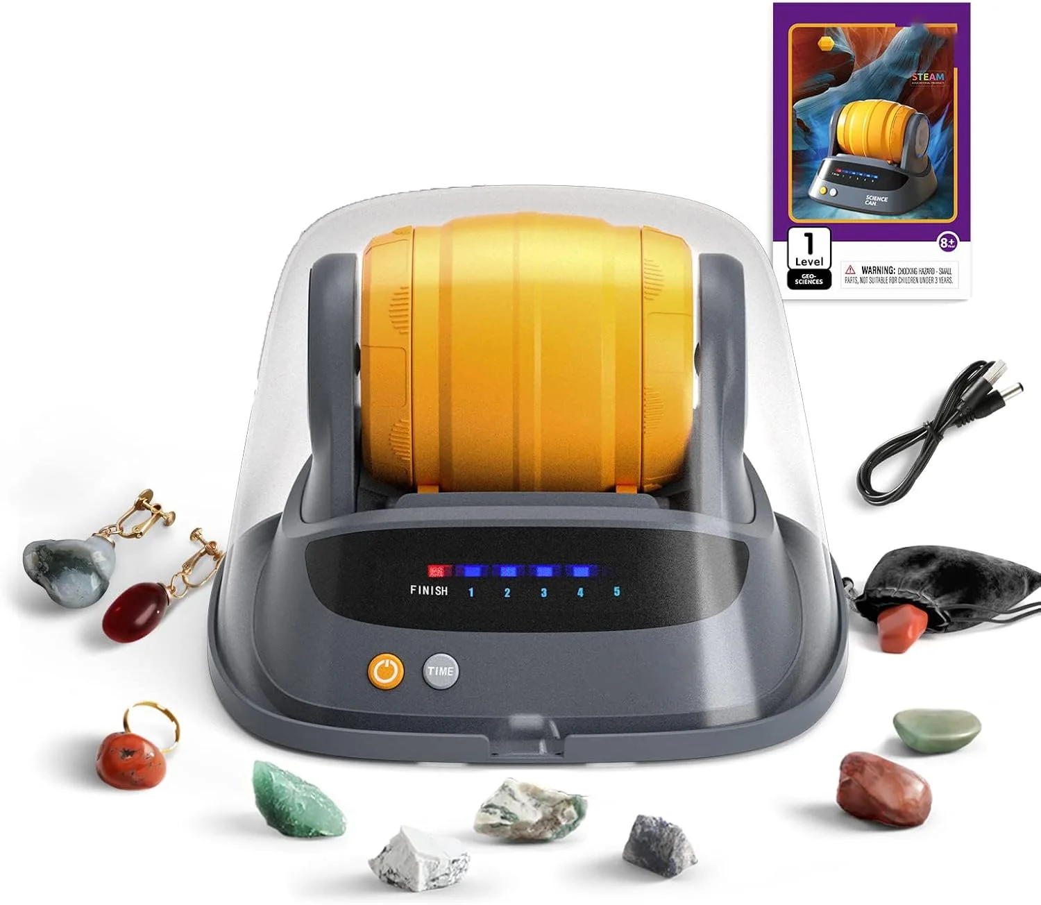 کیت پرداخت سنگ برای کودکان، نسخه سرگرمی شامل 9 سنگ قیمتی خام، گریت های پرداخت، بست های جواهرات، پوشش کاهش صدا - کیت علمی آموزشی STEM برای کودکان 8+ سال دستگاه پولیش سنگ