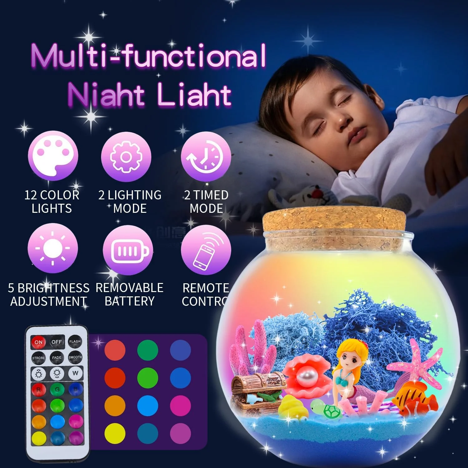ست کاردستی تراریوم پری دریایی NALACAL برای کودکان - چراغ خواب LED با کنترل از راه دور - هدیه تولد عالی برای دختران 5 تا 12 سال - اسباب بازی خلاقانه DIY با طراحی درخشان پری دریایی