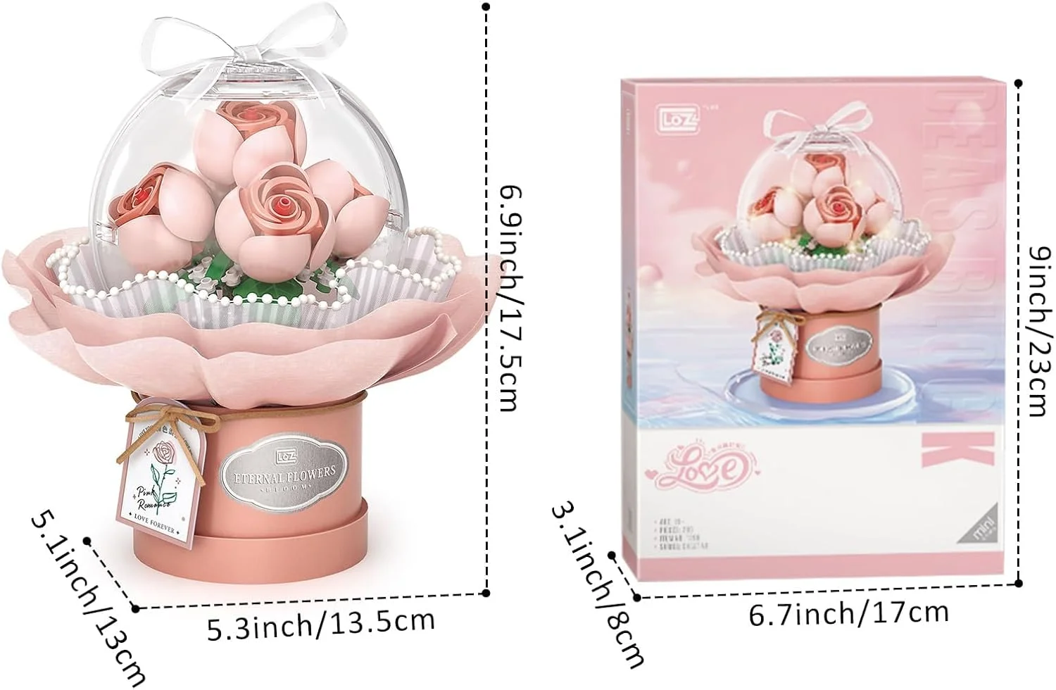 مجموعه ساخت دسته گل NALACAL، مجموعه بلوک های ساخت گل با گنبد ضد گرد و غبار، دسته گل شبیه سازی شده برای روز ولنتاین، اسباب بازی های آجری ساخت بونسا، دکور خانه (صورتی)