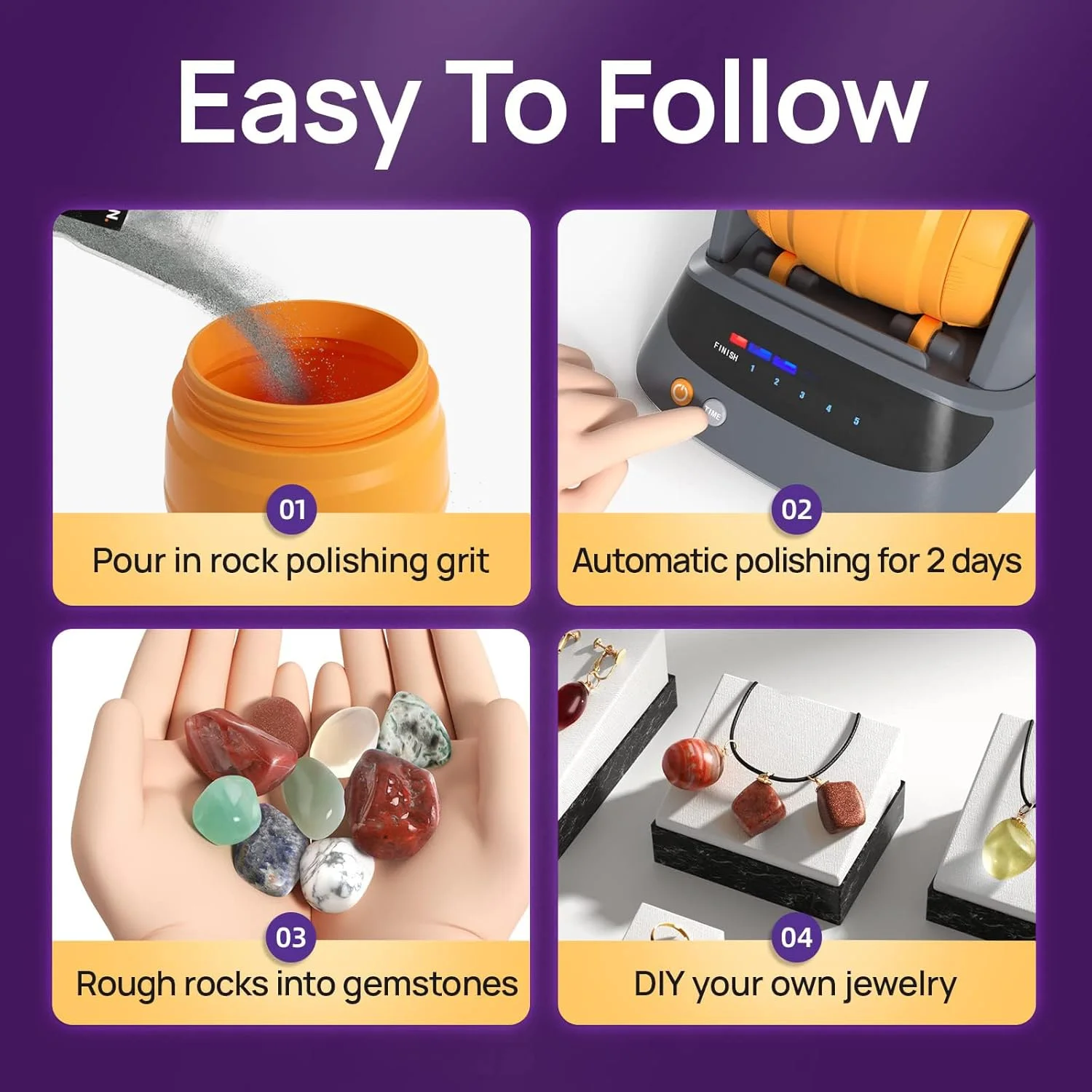 کیت پرداخت سنگ برای کودکان، نسخه سرگرمی شامل 9 سنگ قیمتی خام، گریت های پرداخت، بست های جواهرات، پوشش کاهش صدا - کیت علمی آموزشی STEM برای کودکان 8+ سال دستگاه پولیش سنگ