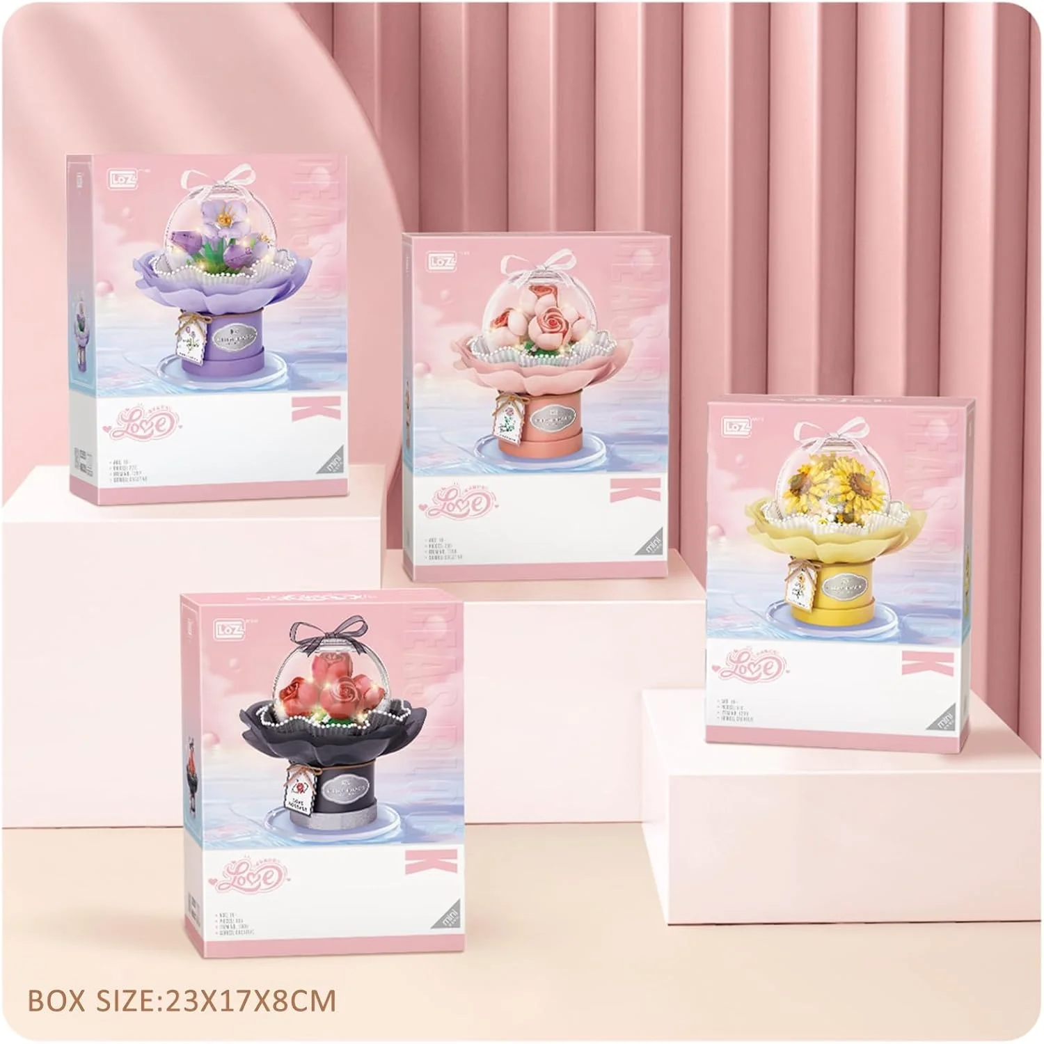 مجموعه ساخت دسته گل NALACAL، مجموعه بلوک های ساخت گل با گنبد ضد گرد و غبار، دسته گل شبیه سازی شده برای روز ولنتاین، اسباب بازی های آجری ساخت بونسا، دکور خانه (صورتی)