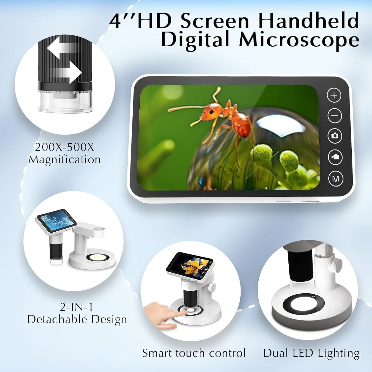 میکروسکوپ دستی NALACAL با صفحه نمایش 4 اینچی LCD، بزرگنمایی 500X، دیجیتال قابل حمل USB 2 در 1، نورهای قابل تنظیم، کنترل لمسی، قابلیت عکس و فیلم برداری، مناسب برای کودکان