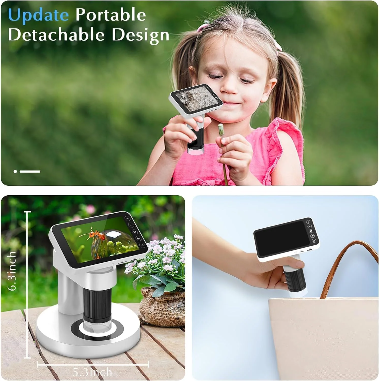 میکروسکوپ دستی NALACAL با صفحه نمایش 4 اینچی LCD، بزرگنمایی 500X، دیجیتال قابل حمل USB 2 در 1، نورهای قابل تنظیم، کنترل لمسی، قابلیت عکس و فیلم برداری، مناسب برای کودکان