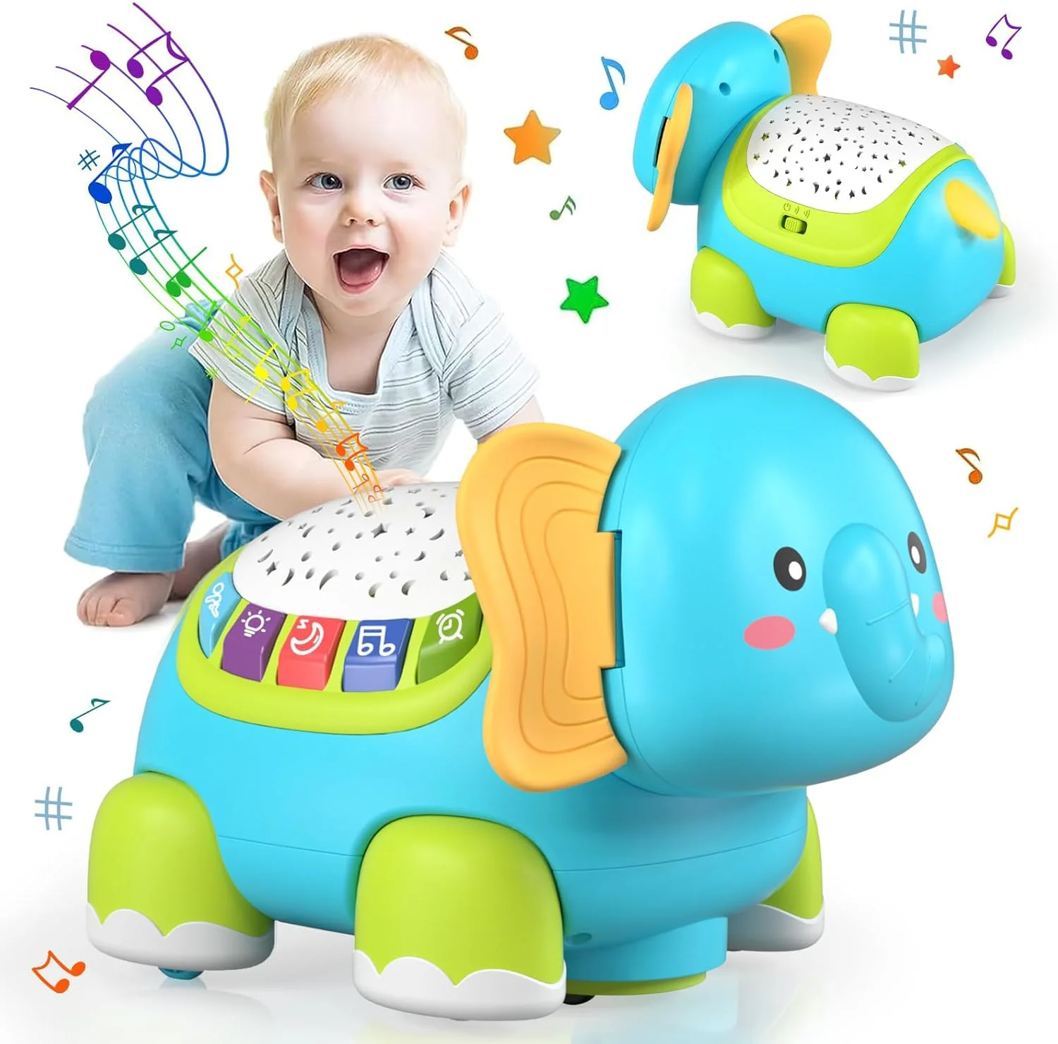 فیل موزیکال خزنده - اسباب بازی های صوتی کودک و نوپا با نور پروژکتور، هدایای آموزشی برای پسران و دختران 6-12 ماهه