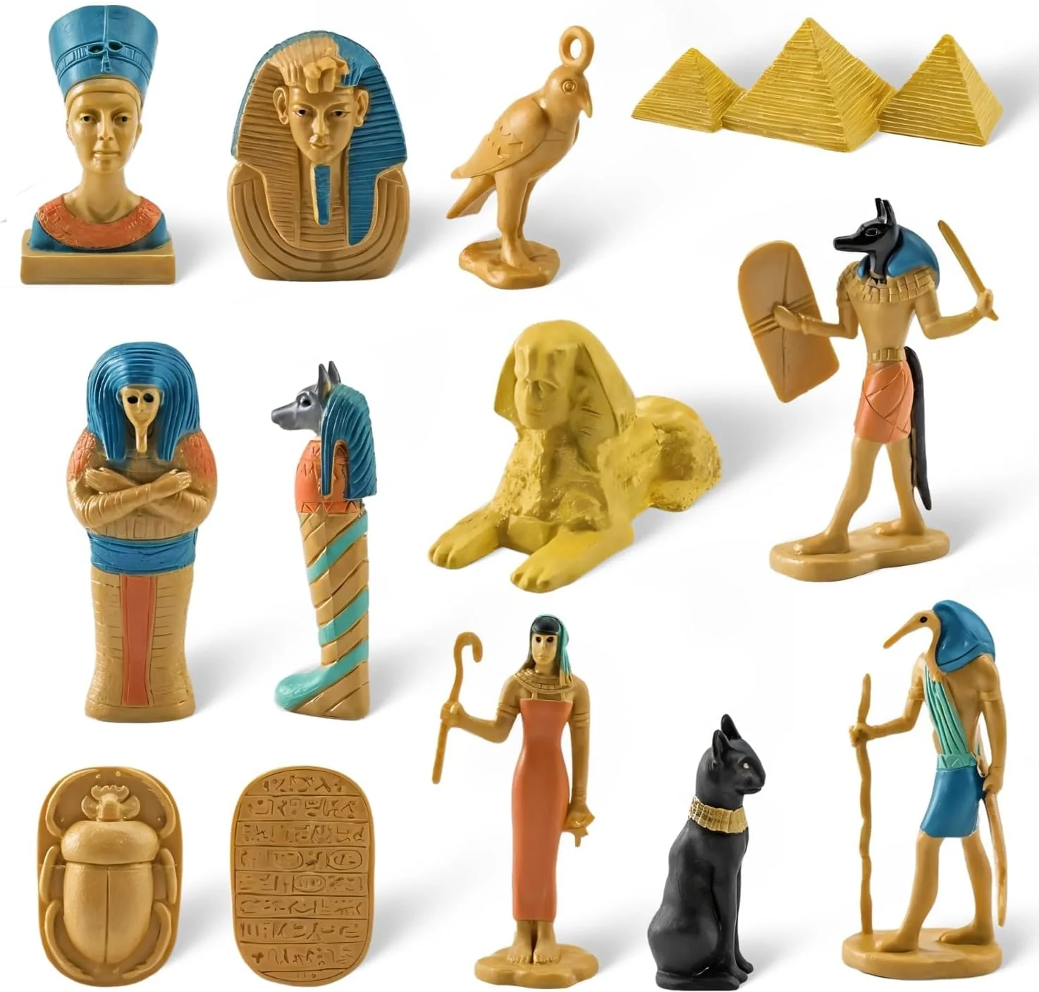 مجموعه 12 عددی اسباب بازی مصر باستان - مینی فیگورهای مصری با اهرام، مومیایی، شاه توت، ابوالهول، آنوبیس و آثار باستانی - فیگورهای بازی آموزشی تاریخ برای کودکان، پروژه های مدرسه و یادگیری