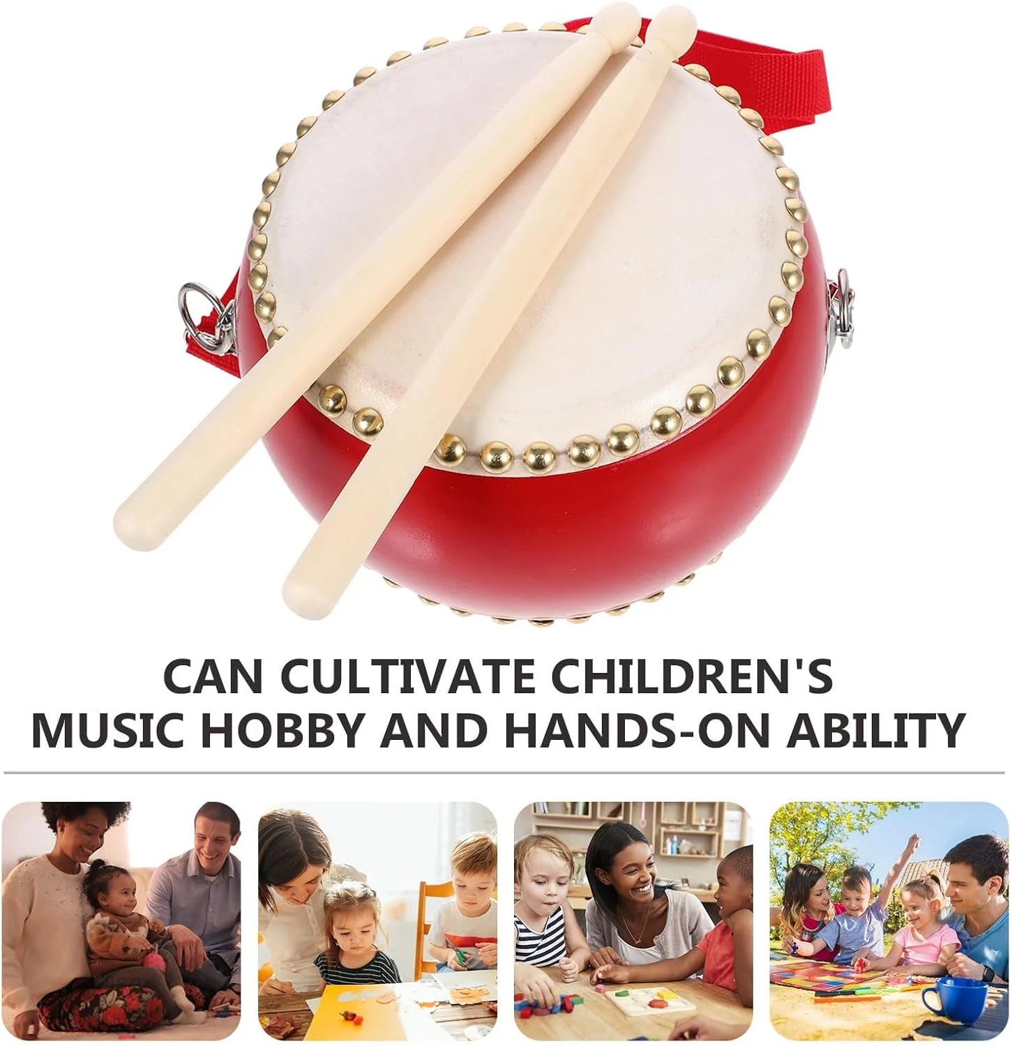 طبل چوبی TERRIFI برای کودکان، اسباب بازی 15x12 سانتی متری با چوب و بند، ساز موسیقی برای کودکان نوپا و نوزادان، اسباب بازی آموزشی دستی