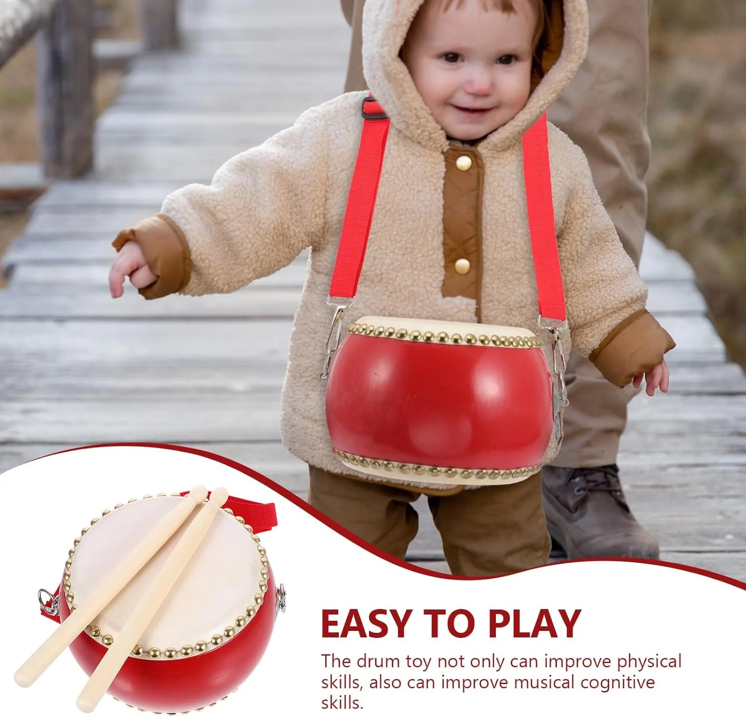 طبل چوبی TERRIFI برای کودکان، اسباب بازی 15x12 سانتی متری با چوب و بند، ساز موسیقی برای کودکان نوپا و نوزادان، اسباب بازی آموزشی دستی