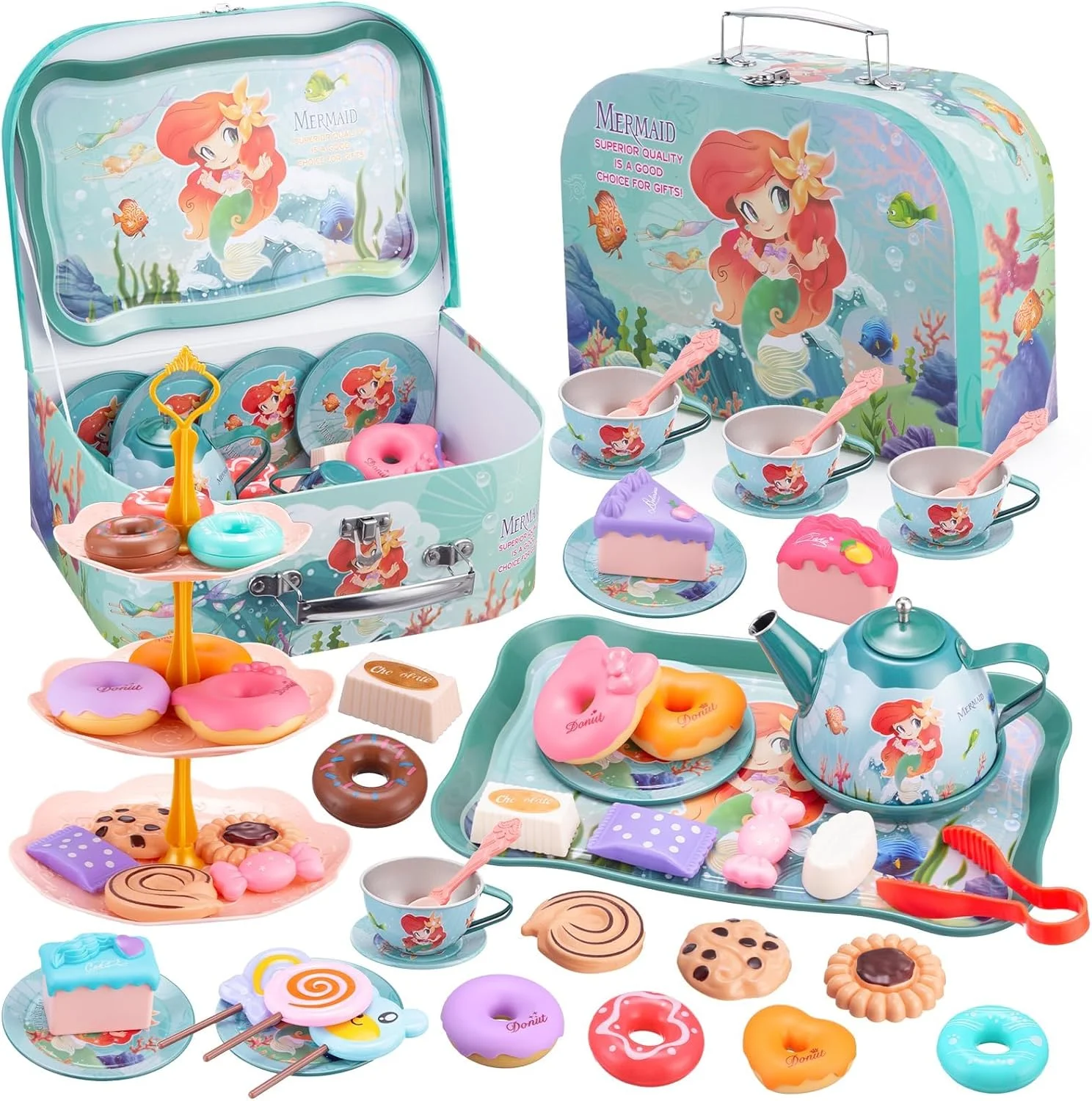 ست مهمانی چای دخترانه، ست اسباب بازی آشپزخانه، ست اسباب بازی 48 تکه با طرح پری دریایی شامل ست چای فلزی، دسر و کیف حمل - اسباب بازی های بازی خیالی کودکان، هدیه تولد برای دختران 3-6 ساله