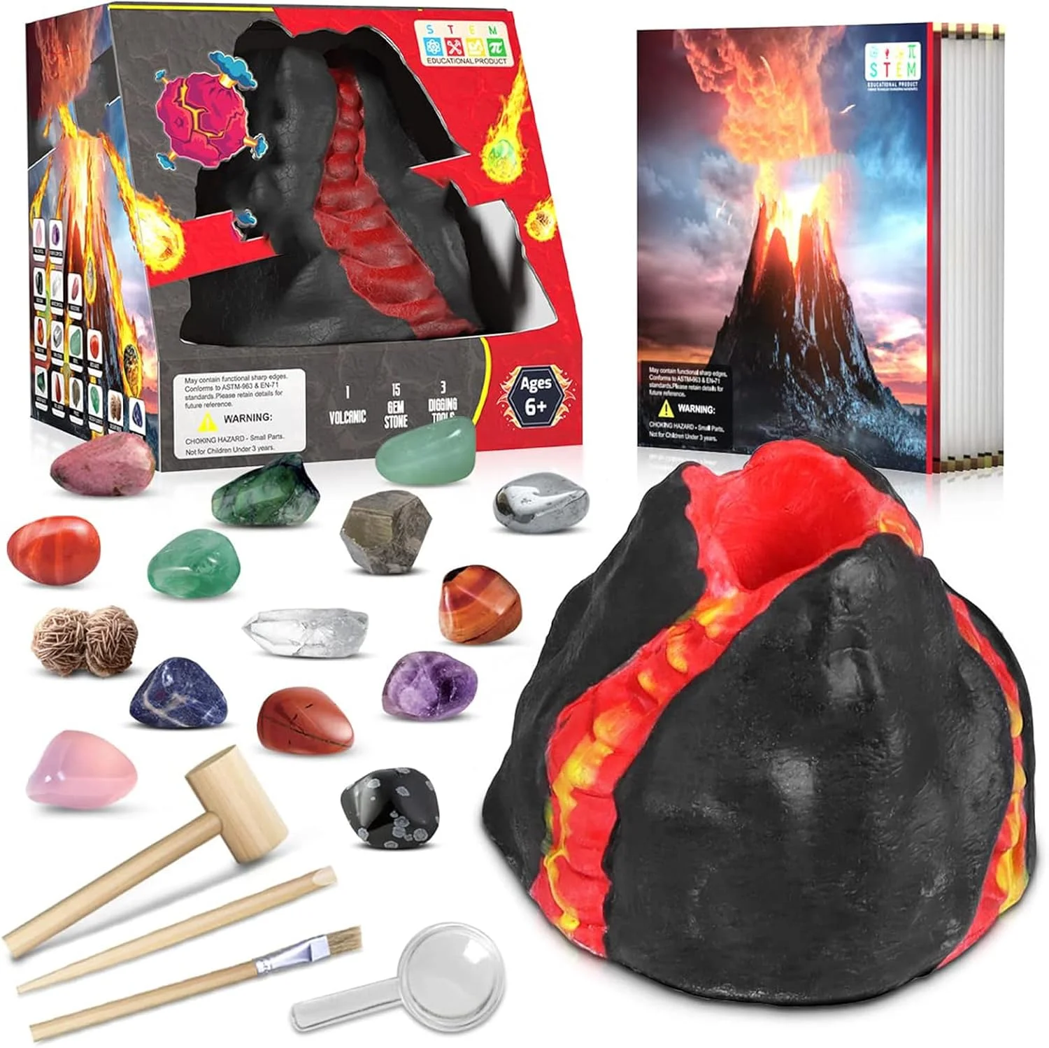 کیت حفاری سنگ های قیمتی TERRIFI، کیت جواهرات آتشفشانی برای کودکان 6-12 سال، 15 سنگ و کریستال واقعی را حفاری کنید، بسته حفاری فعالیت های علمی، اسباب بازی های آموزشی، هدیه برای پسران و دختران 6-8 8-12 سال