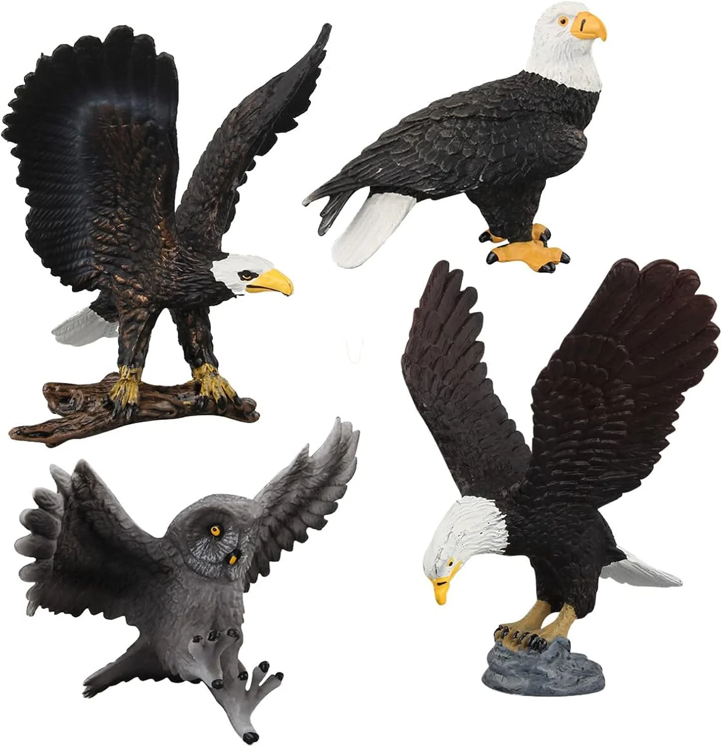 مدل مینیاتوری حیوانات پرنده TERRIFI، بسته 4 عددی فیگور پرنده، مجموعه اسباب بازی پرندگان حیات وحش جنگلی، برای پسران دختران کودکان آموزش پیش دبستانی تزیین کیک و کاپ کیک (عقاب، جغد، عقاب سر طاس)
