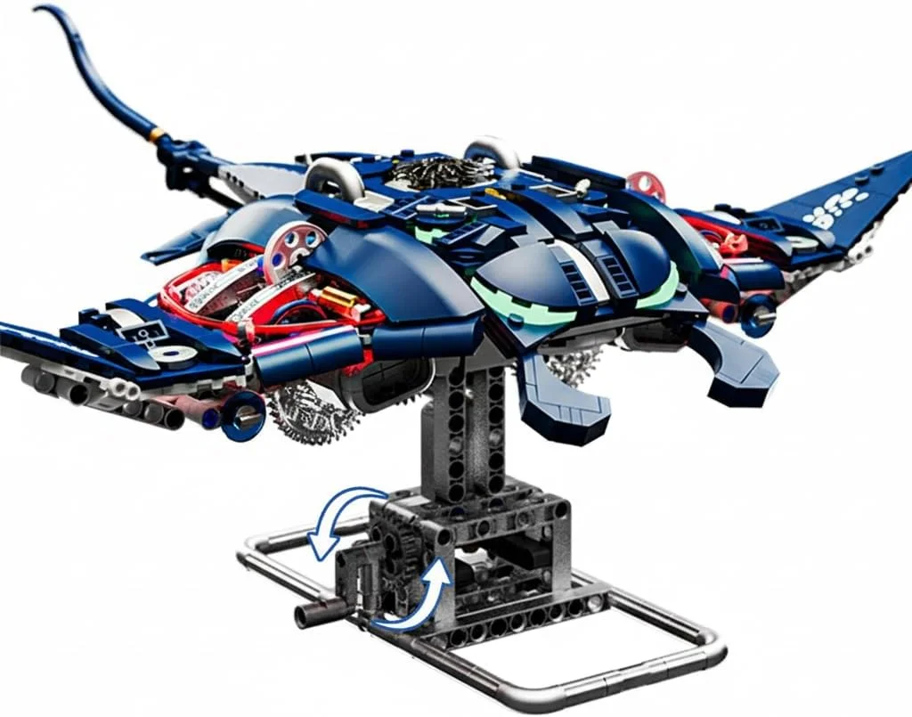 مجموعه بلوک ساختنی ماهی شیطانی مکانیکی - مدل حیوان ماهی اقیانوسی 966 قطعه با بال های چرخان، ذرات درخشان و پایه نمایشگر، هدیه آموزشی STEM برای نوجوانان و کودکان