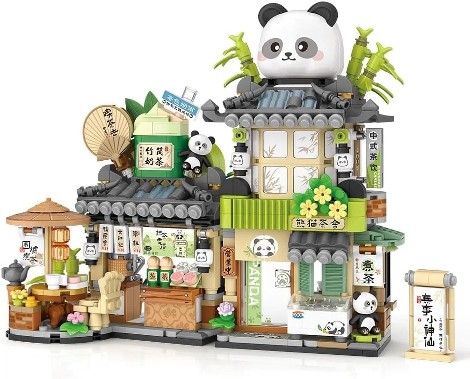 اسباب بازی های ساختنی، مجموعه ساختنی مینیاتوری چایخانه پاندا با نمای خیابانی چینی 860 تکه، معماری شبیه سازی خلاقانه DIY، ایده هدیه برای کودکان و بزرگسالان