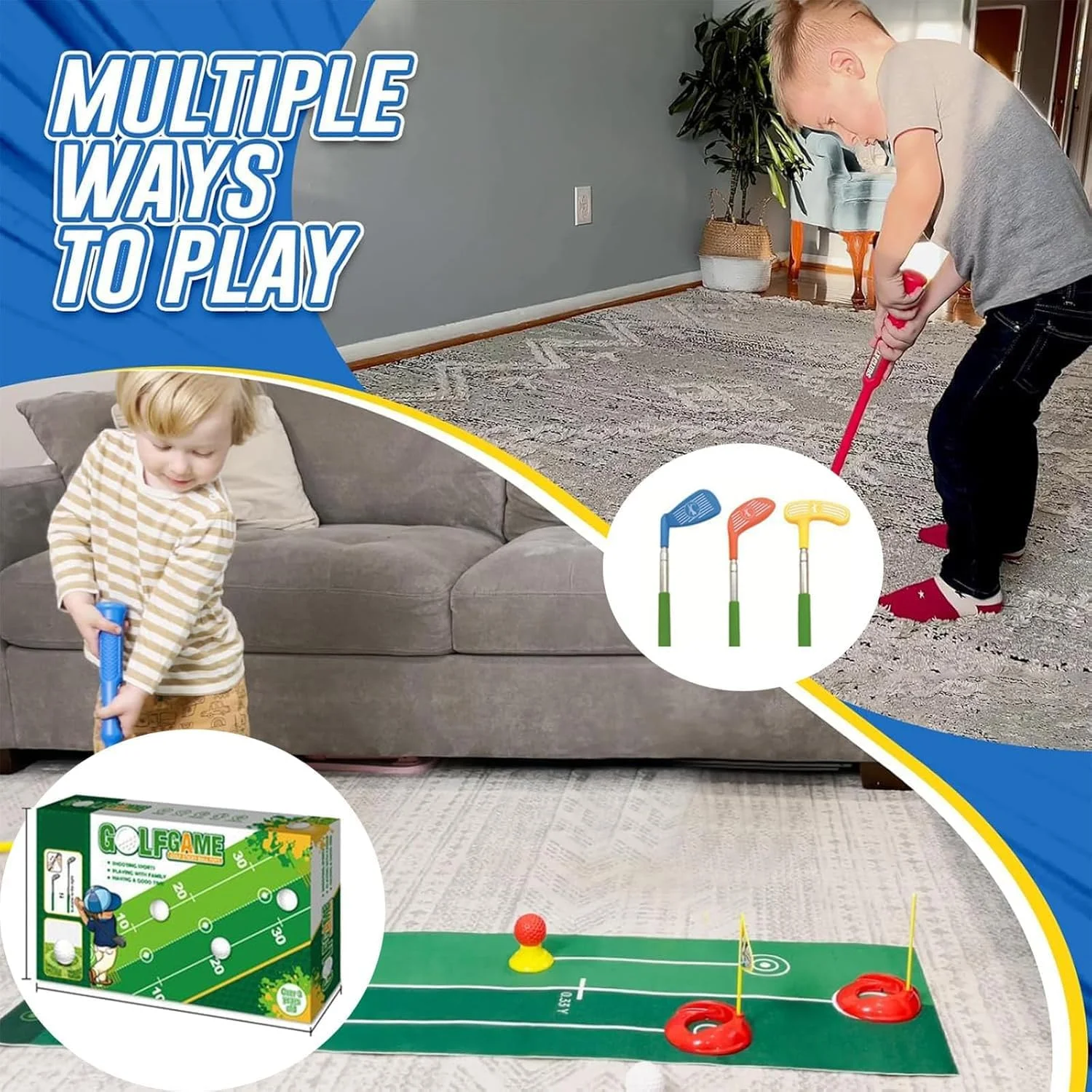 ست مینی گلف کودکان نوپا، چوب گلف داخل و خارج از منزل برای پسران و دختران 3-6 ساله، ست بازی گلف سرگرم کننده و آموزشی برای کودکان، توسعه مهارت های حرکتی و هماهنگی (چند رنگ)