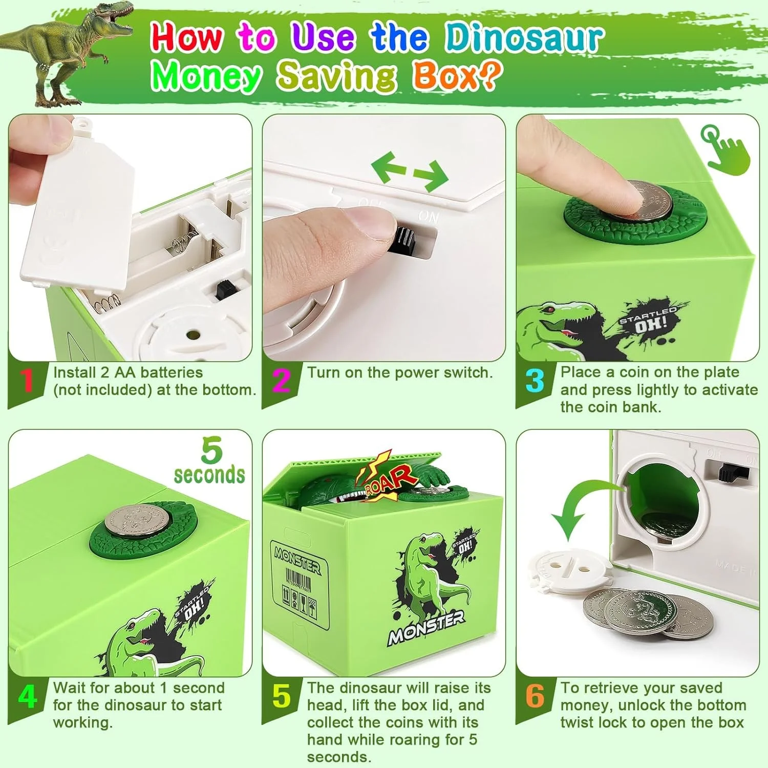 جعبه سکه دزد الکترونیکی، اسباب بازی بانک دایناسور هیولا، بانک پول متحرک موزیکال، هدیه انیمه برای پسران، دختران و کودکان