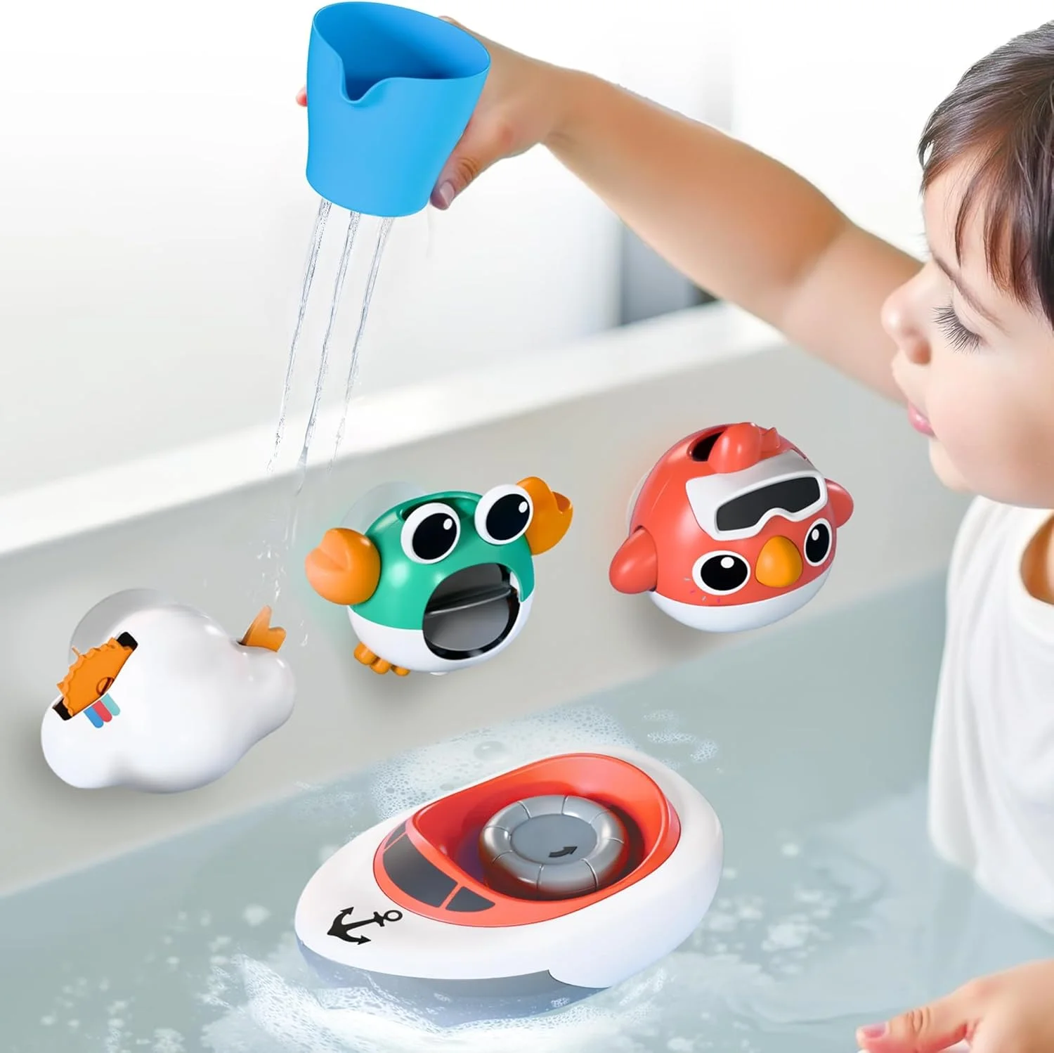 اسباب بازی حمام کودک برای کودکان نوپا 1-3 ساله، مجموعه اسباب بازی آبی وان حمام کودک 6 8 9 12 ماهه با فنجان دوش، خرچنگ، پرنده، ابر و قایق کوکی، هدیه تولد استخر تابستانی سرگرم کننده نوزاد 2 3 4 ساله پسران دختران