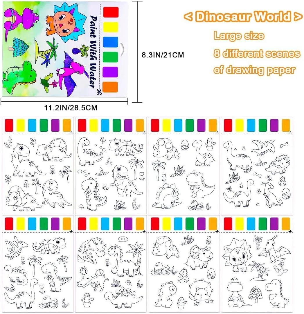 کتاب رنگ آمیزی دایناسور با آبرنگ برای کودکان، مجموعه آبرنگ با قلم مو، بی خطر و غیر سمی، کیت هنری آموزشی، هدیه قابل حمل برای کودکان نوپا 1-8 ساله، ایده آل برای مسافرت، تولد، کریسمس، 25 صفحه