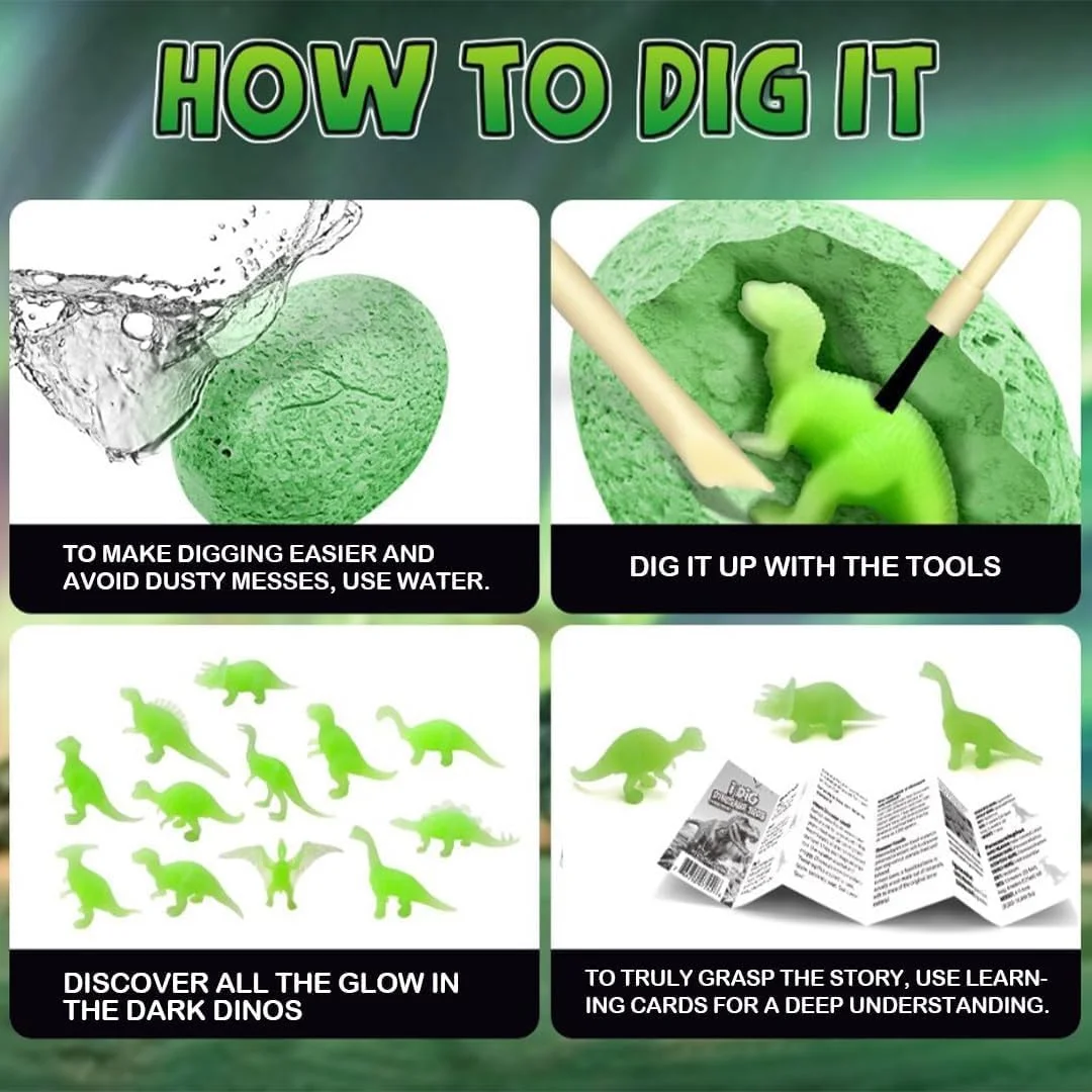مجموعه حفاری تخم دایناسور TERRIFI، بسته 12 عددی تخم دایناسور شب تاب برای کودکان، فعالیت آموزشی حفاری فسیل دایناسور، مجموعه باستان شناسی علمی برای پسران و دختران