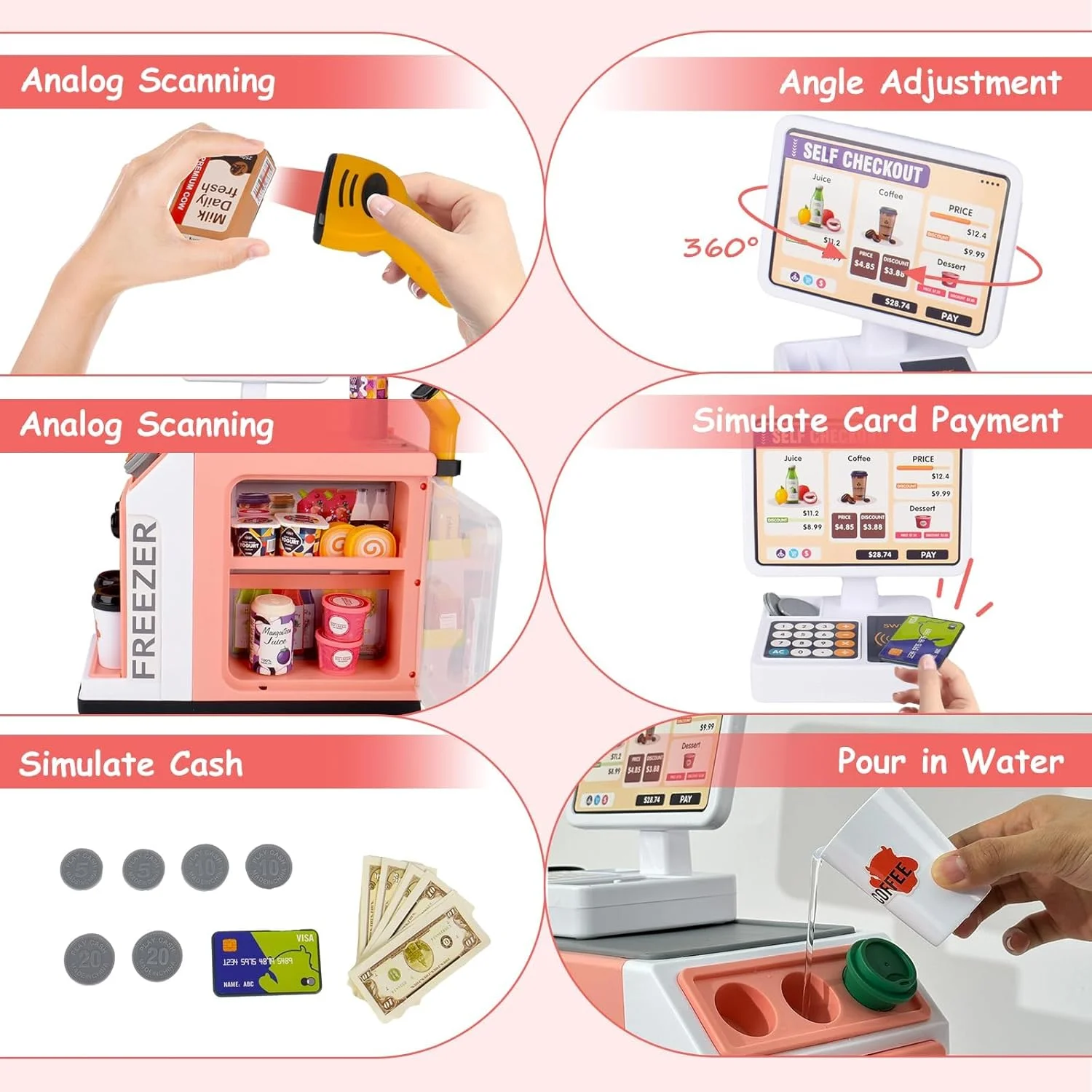 مجموعه اسباب بازی صندوق فروشگاهی 46 تکه، دستگاه فروش خودکار سوپرمارکت کودکان با ماشین حساب، کیف خرید، اسکنر، کارت اعتباری، دستگاه قهوه ساز، غذای بازی، هدیه برای پسران و دختران 3 سال به بالا
