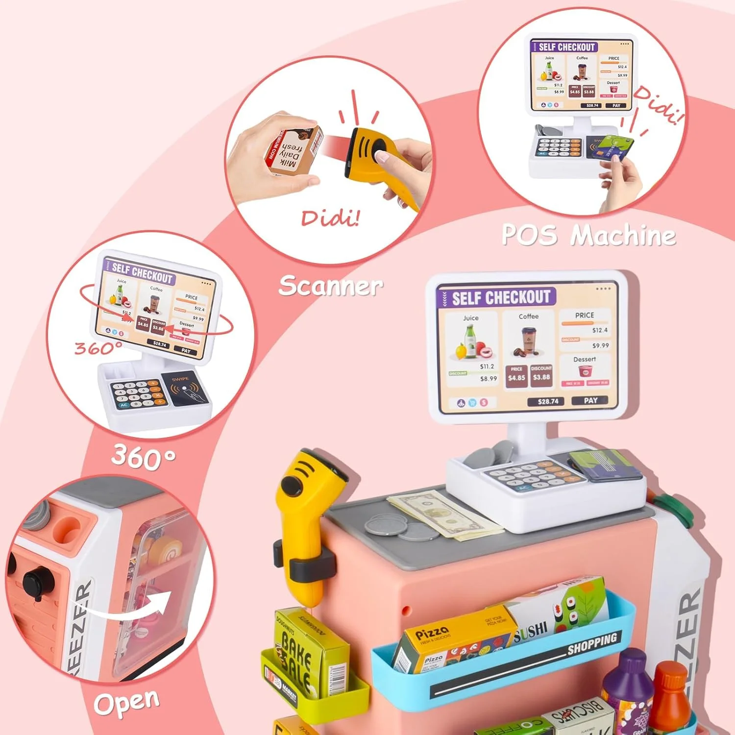 مجموعه اسباب بازی صندوق فروشگاهی 46 تکه، دستگاه فروش خودکار سوپرمارکت کودکان با ماشین حساب، کیف خرید، اسکنر، کارت اعتباری، دستگاه قهوه ساز، غذای بازی، هدیه برای پسران و دختران 3 سال به بالا