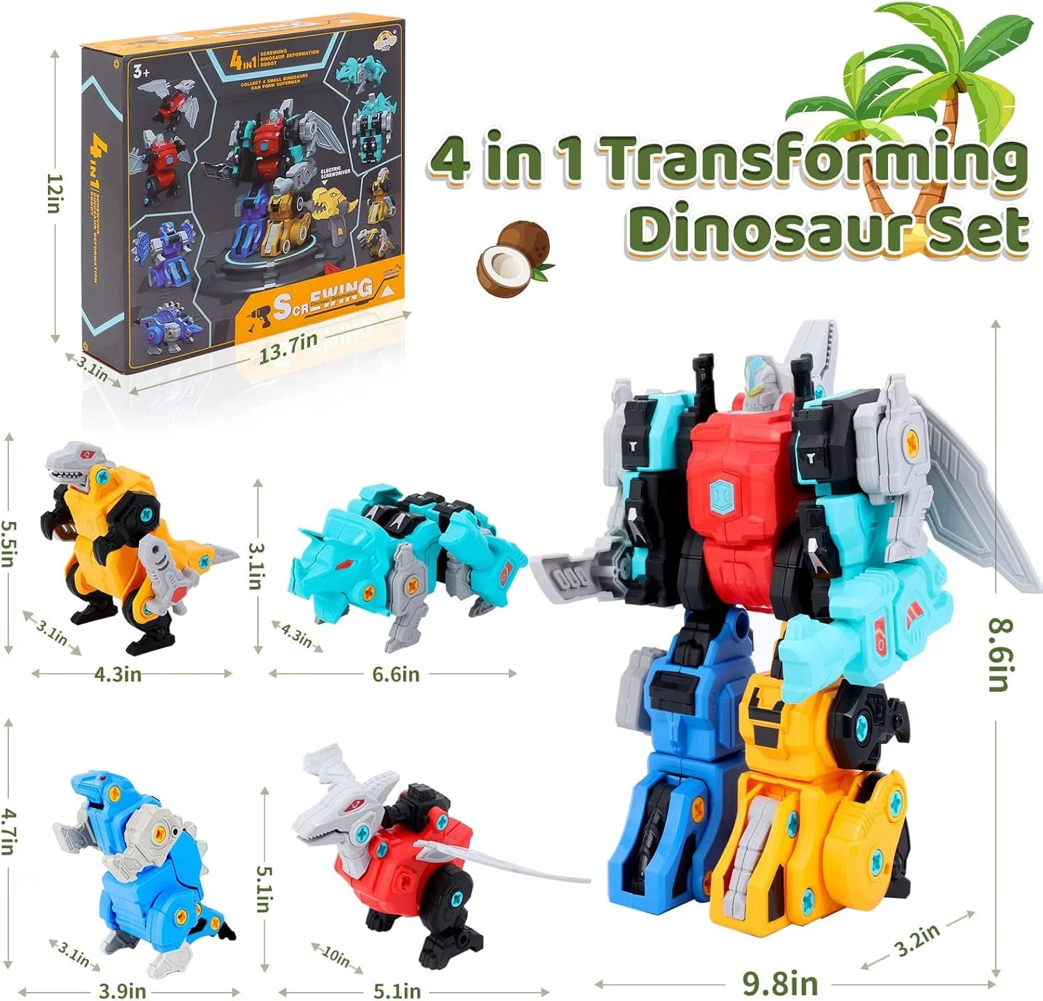 اسباب بازی های دایناسور TERRIFI برای کودکان 3-5 ساله، اسباب بازی های تبدیل شونده STEM 4 در 1، اسباب بازی های روباتی جدا کردنی با دریل برقی، اسباب بازی های ساختنی برای پسران 4-6 ساله، ایده های هدیه تولد برای پسر 5 ساله، هدیه برای 6 ساله ها