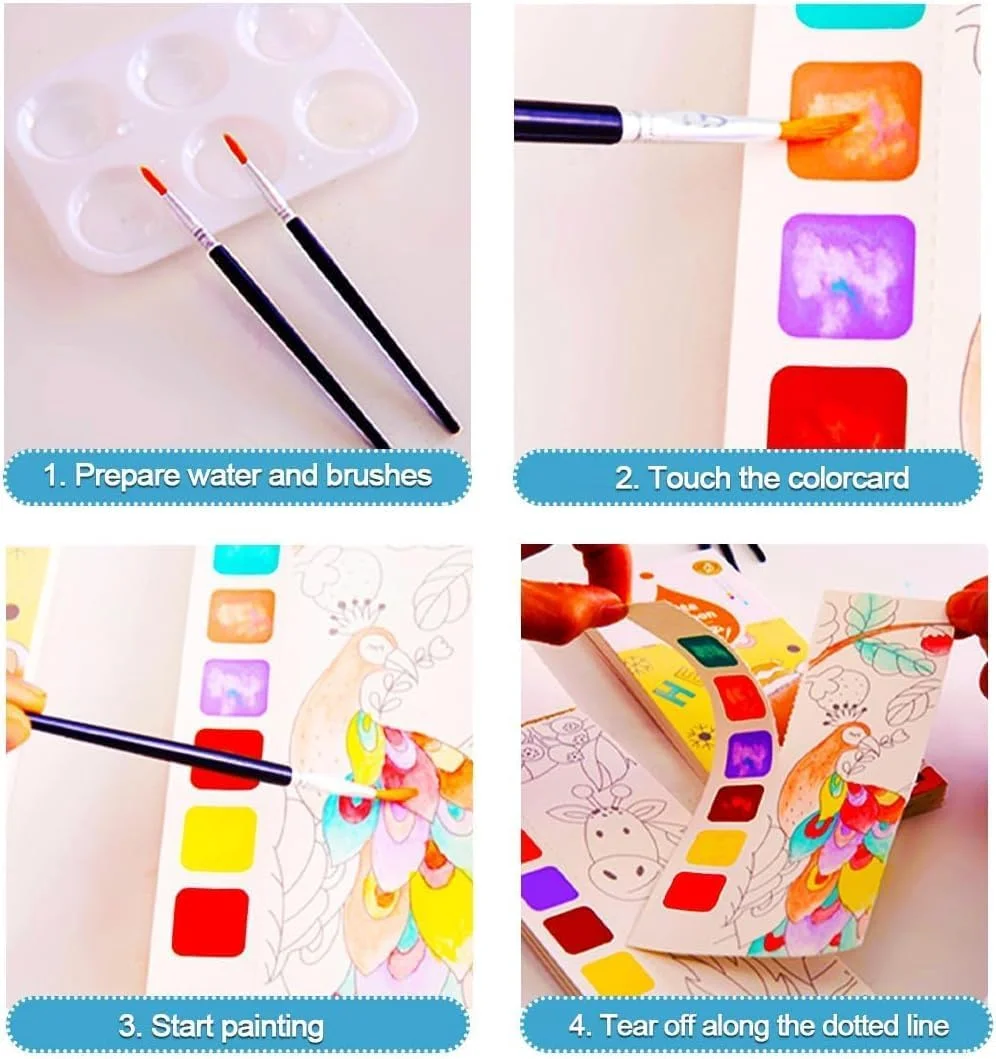 کتاب نقاشی آبرنگ، ست نقاشی با آب برای کودکان، کیت آبرنگ مسافرتی جیبی با قلم مو و کتاب های رنگ آمیزی، فعالیت هنری و صنایع دستی بدون کثیف کاری برای پسران و دختران 4-8 ساله