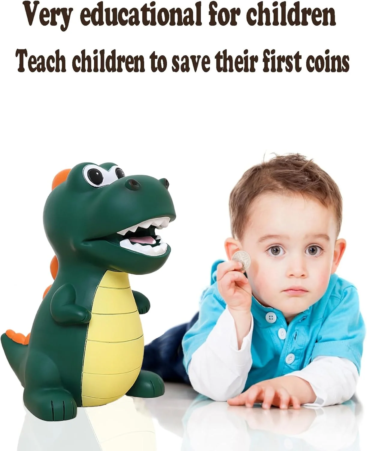 قلک طرح دایناسور پلاستیکی نشکن برای پسران - قلک سکه ای بامزه طرح دایناسور برای کودکان، اولین قلک برای نگهداری کودک، ضد ضربه، به کودکان اجازه دهید پس انداز کردن را یاد بگیرند، هدیه تولد، سبز تیره