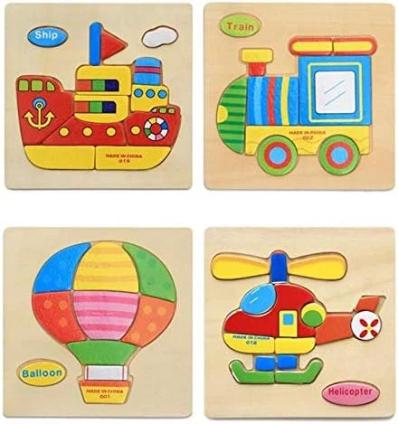 پازل چوبی سه بعدی، مجموعه 4 عددی اسباب بازی های چوبی کارتونی قطار، بالن هوای گرم، کشتی و هلیکوپتر برای کودکان و اسباب بازی های آموزشی
