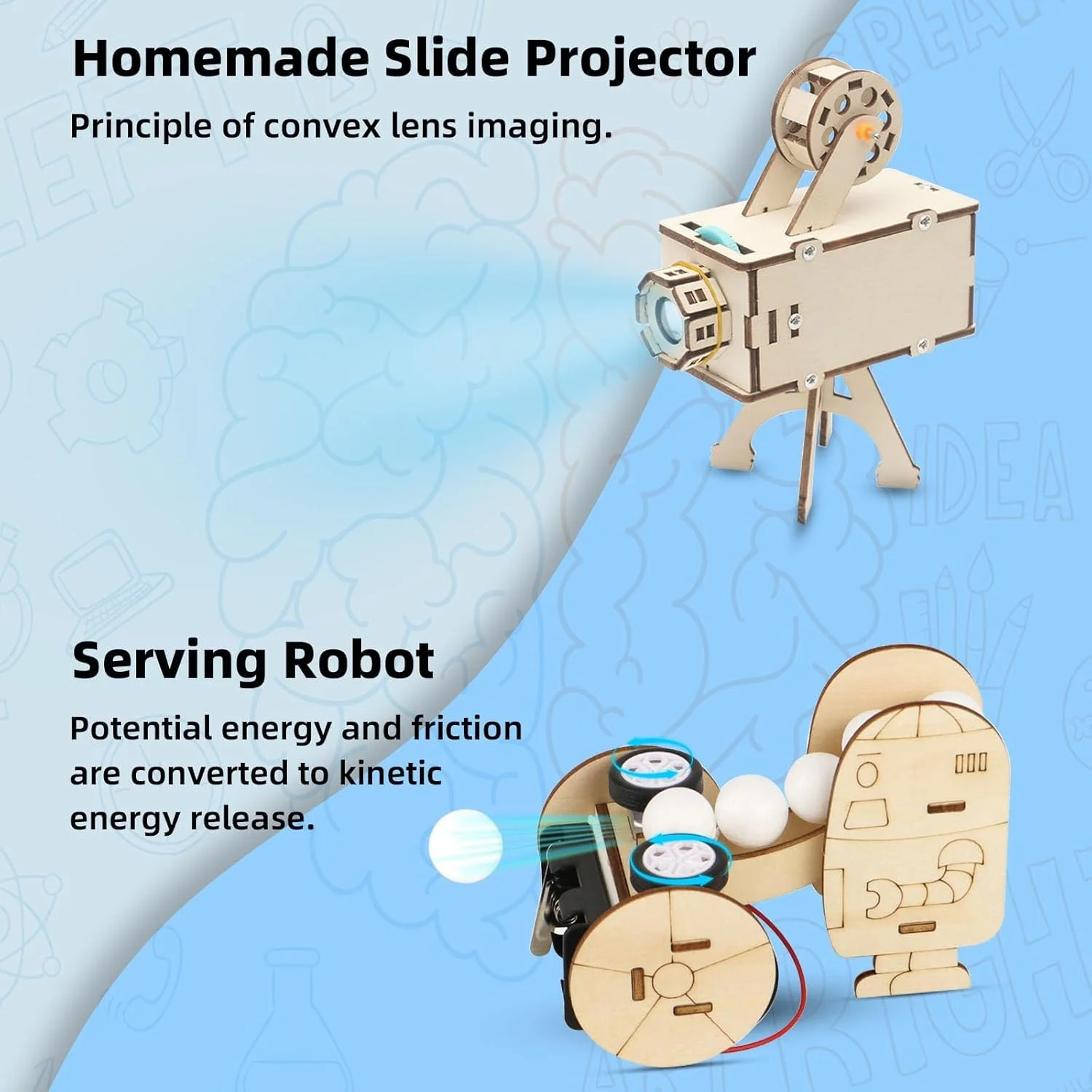 مجموعه های آزمایش علمی KASTWAVE برای کودکان، 2 بسته مجموعه های STEM چوبی، ربات های خدماتی و پروژکتور اسلاید خانگی، مجموعه های ساختمانی علمی آموزشی DIY صنایع دستی برای پسران و دختران 8-13 ساله