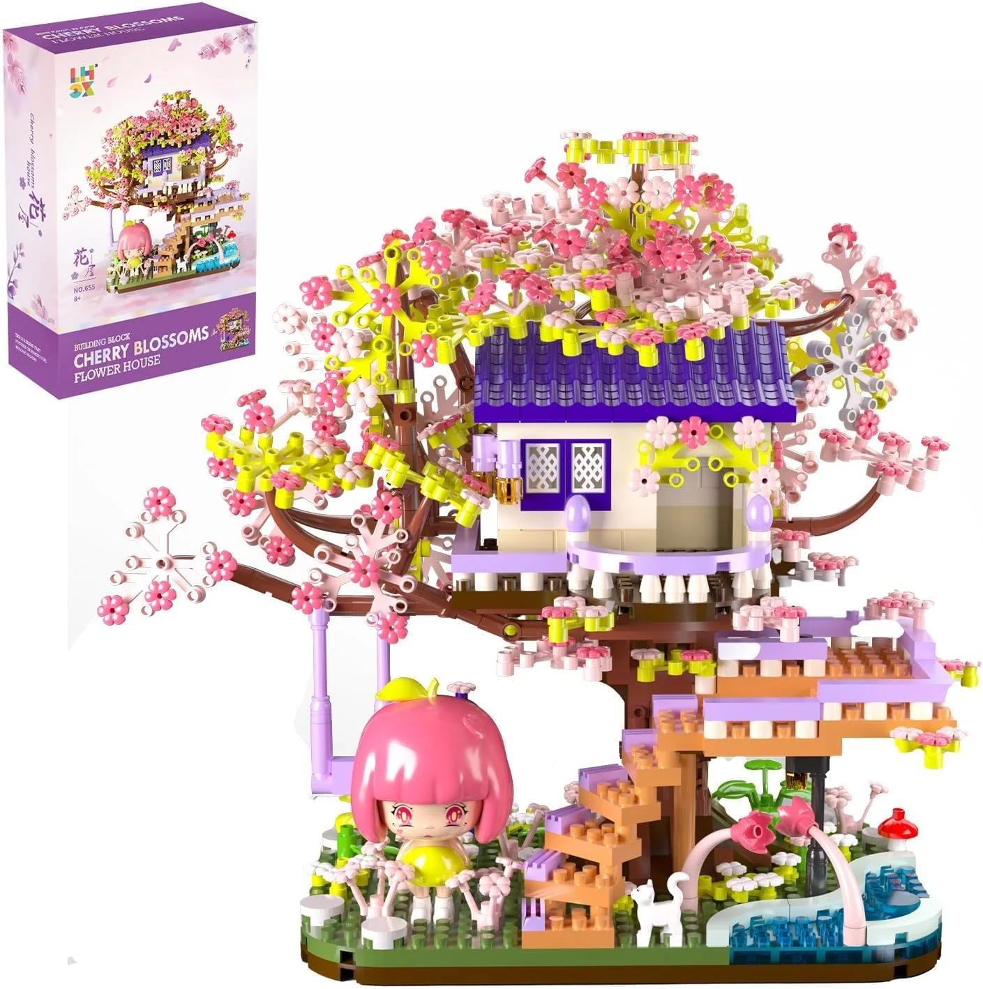 مجموعه ساخت درخت بونسای شکوفه گیلاس، مدل خانه گل ساکورا ژاپنی، آجرهای کوچک مینیاتوری کلکسیونی و هدیه خلاقانه برای نوجوانان و دختران 8 سال به بالا (655 قطعه)