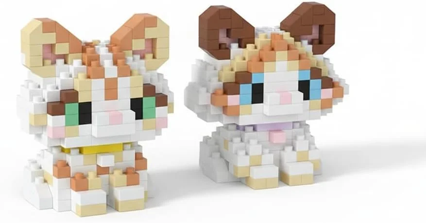 مجموعه بلوک های ساختنی گربه، مدل های مینیاتوری آجری حیوانات، اسباب بازی های ساخت و ساز خلاقانه DIY، دکور نمایش خانگی، هدیه برای بزرگسالان، کودکان و نوجوانان، سبک قهوه ای و زرد