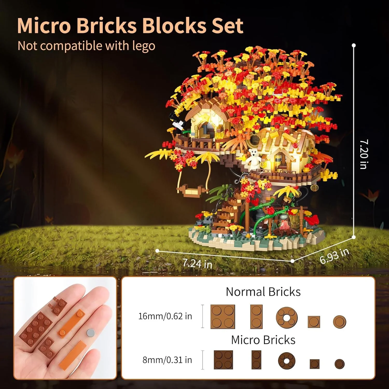 مجموعه بلوک های ساختمانی خانه درختی KASTWAVE با چراغ های LED، کیت اسباب بازی ساختمانی به سبک جنگل آکینو، دکور مدل خانه درختی مینیاتوری، هدیه تولد ایده آل برای کودکان و بزرگسالان 8 سال به بالا (2725 قطعه آجر کوچک)