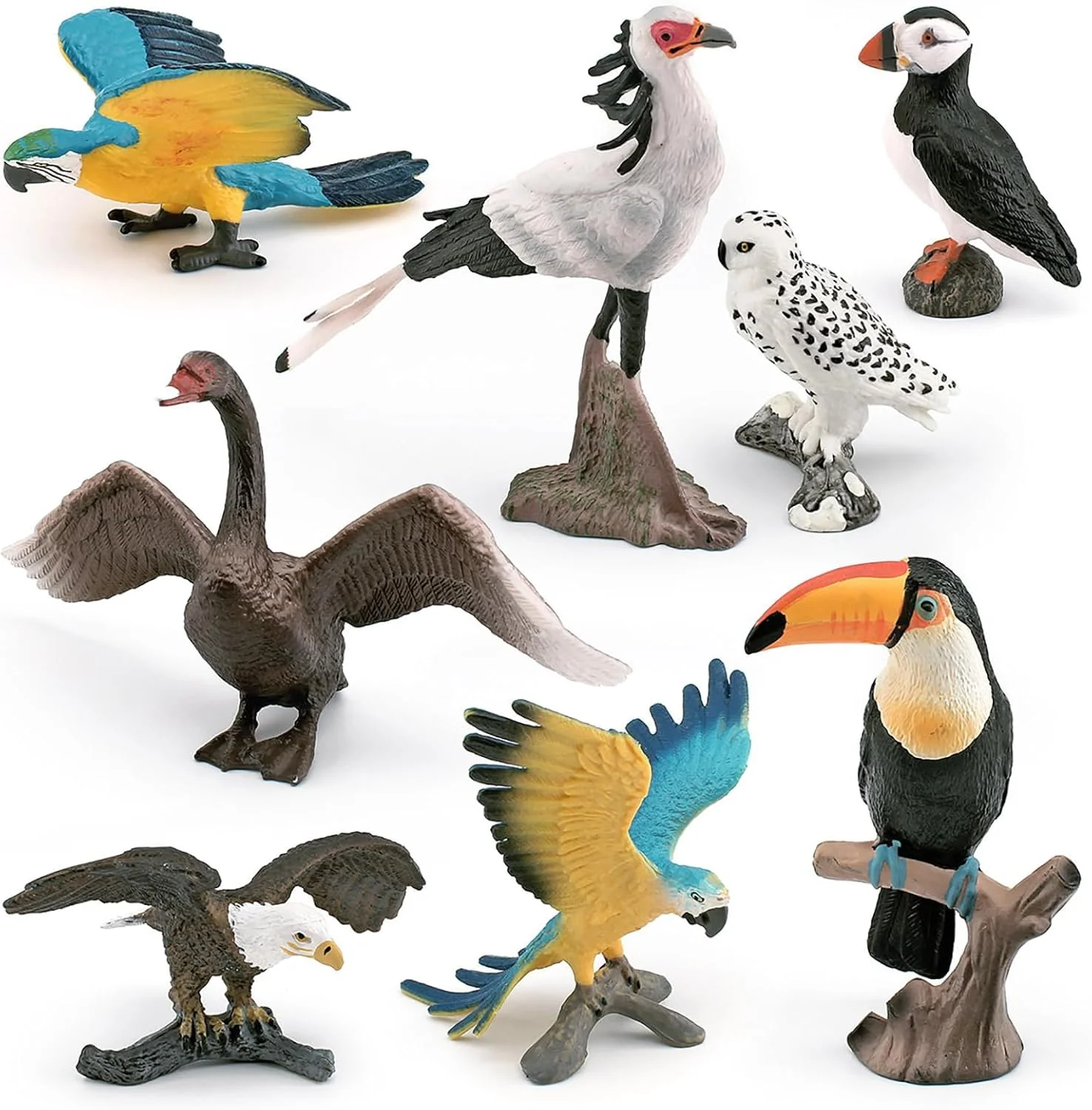 ست ۸ عددی مدل فیگور حیوانات پرنده، توکان، عقاب، کاکاپوی برفی، مرغ دریایی، قو، مار، کرکس، ماکائو، تزیین کیک و لوازم مهمانی برای کودکان