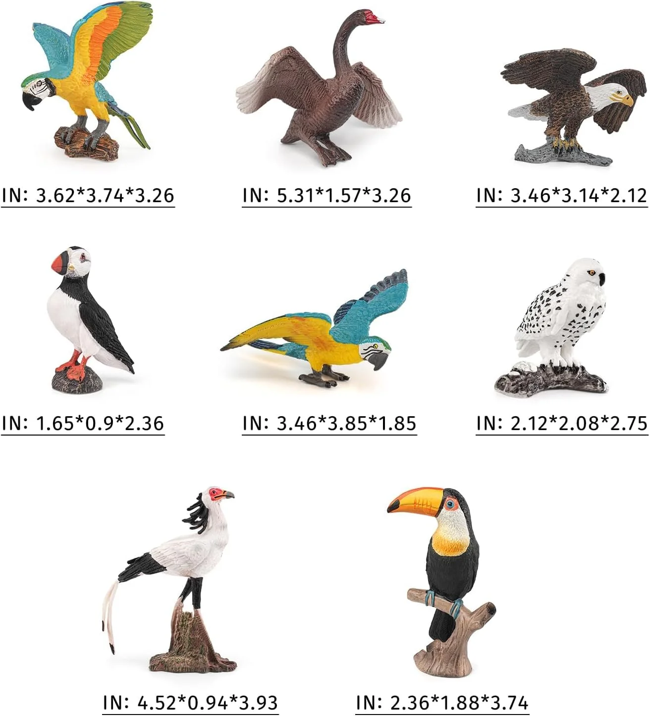 ست ۸ عددی مدل فیگور حیوانات پرنده، توکان، عقاب، کاکاپوی برفی، مرغ دریایی، قو، مار، کرکس، ماکائو، تزیین کیک و لوازم مهمانی برای کودکان