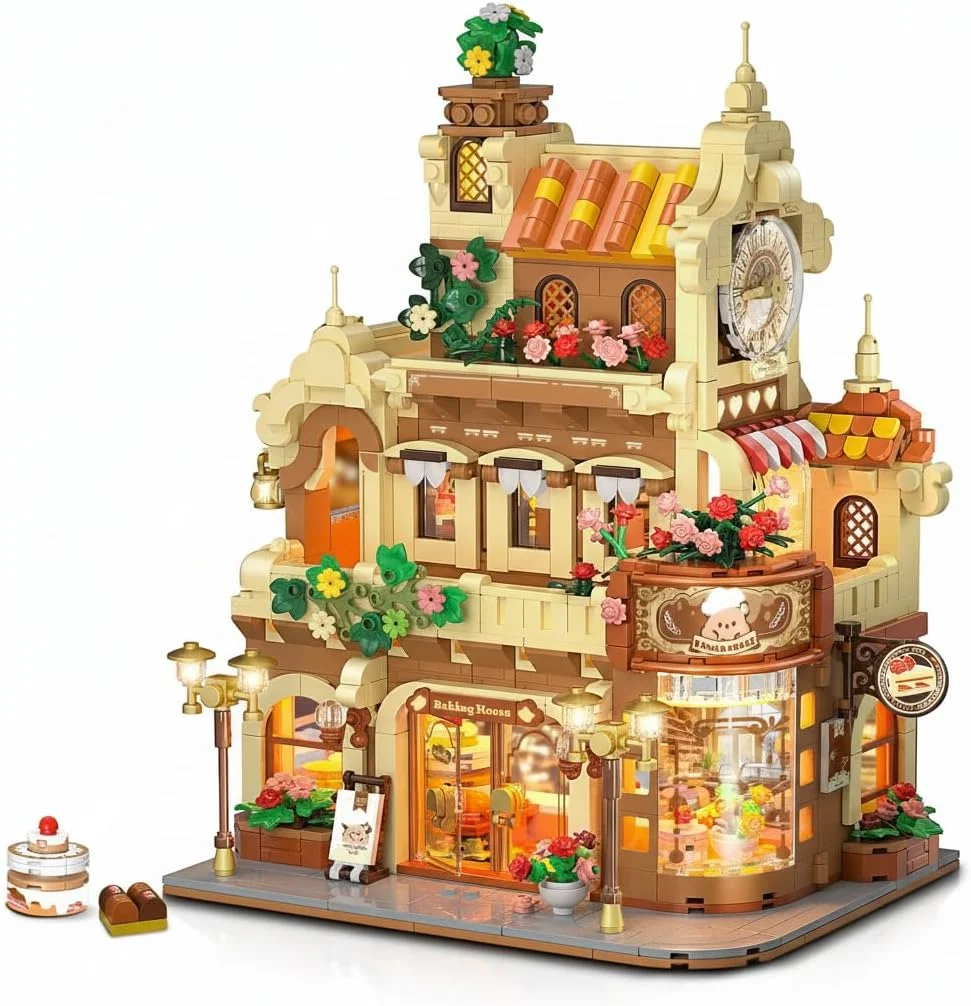 مجموعه ساختنی نانوایی کافه شهری با نور، مدل فروشگاه شیرینی پزی 1289 قطعه، ساختنی شیرینی برای کودکان، نوجوانان، بزرگسالان (8 سال به بالا)، شامل قهوه، کیک، اتاق نانوایی نان