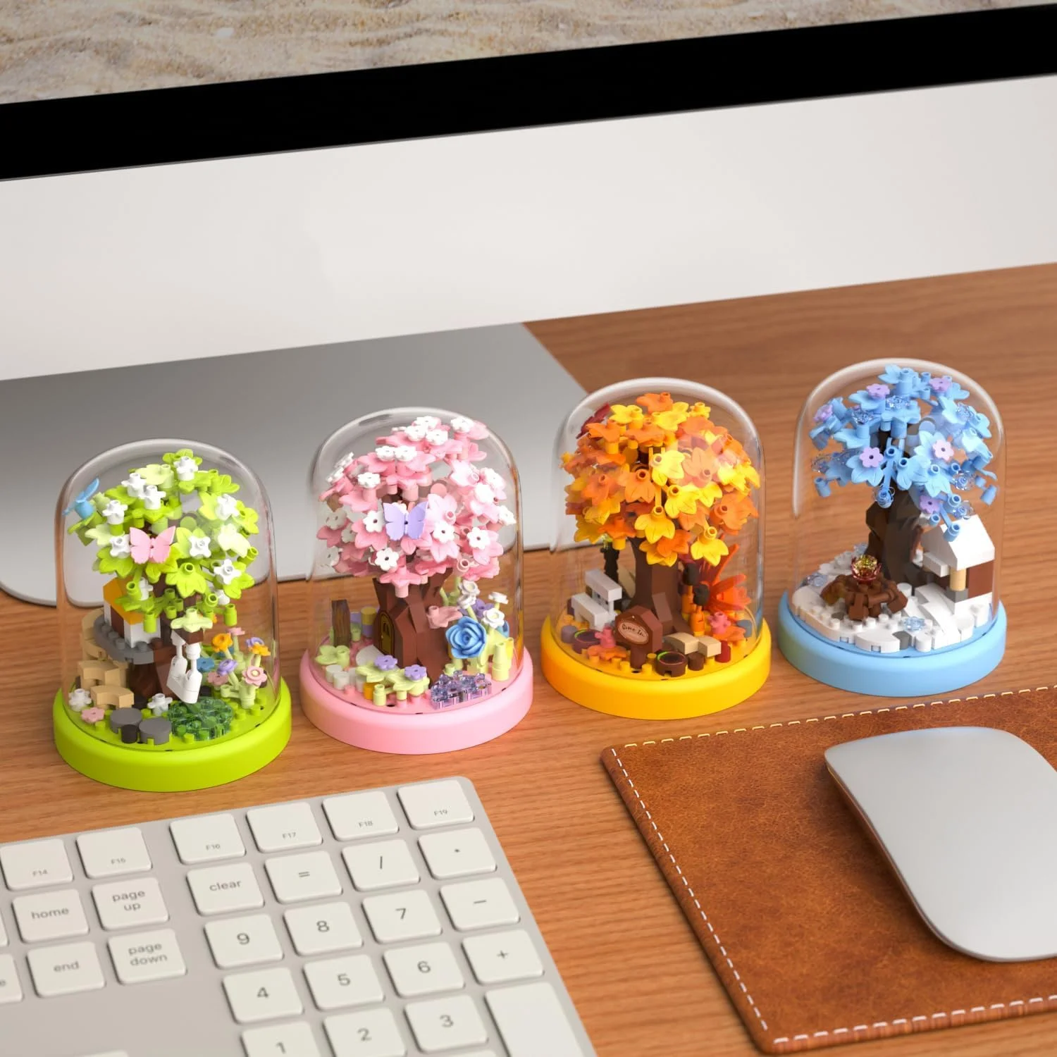 مجموعه بلوک های ساختمانی خانه درختی با درختچه بونسای مینیاتوری، تزئینات گل و پوشش ضد گرد و غبار، کیت ساخت و ساز آموزشی DIY، هدیه ای خوب برای کودکان و بزرگسالان (4 عدد)