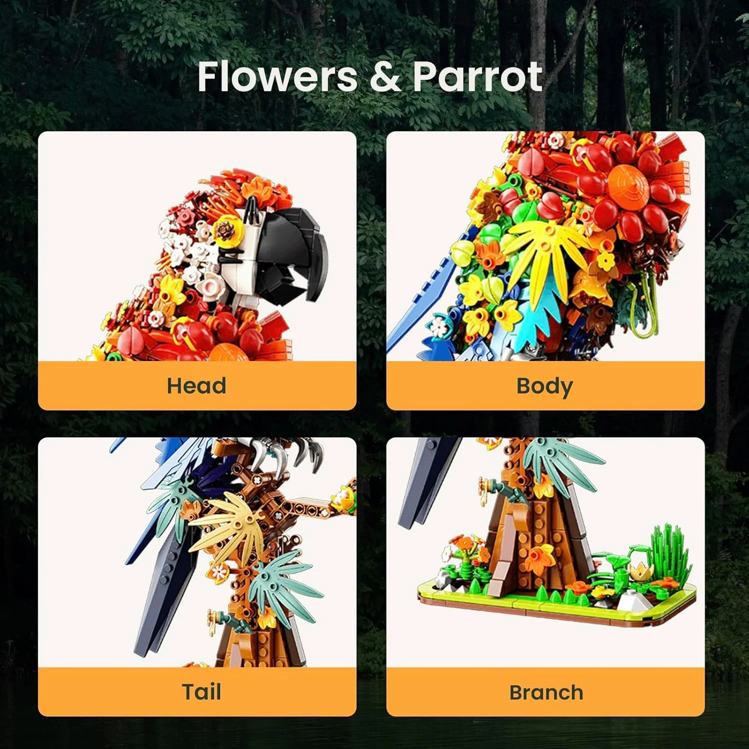 مجموعه ساختنی گل و طوطی، مدل نمایشی پرنده گلدار حیوانات، اسباب بازی ساختنی فیگور حیوانات، برای بزرگسالان و کودکان بالای 12 سال (1100 قطعه)
