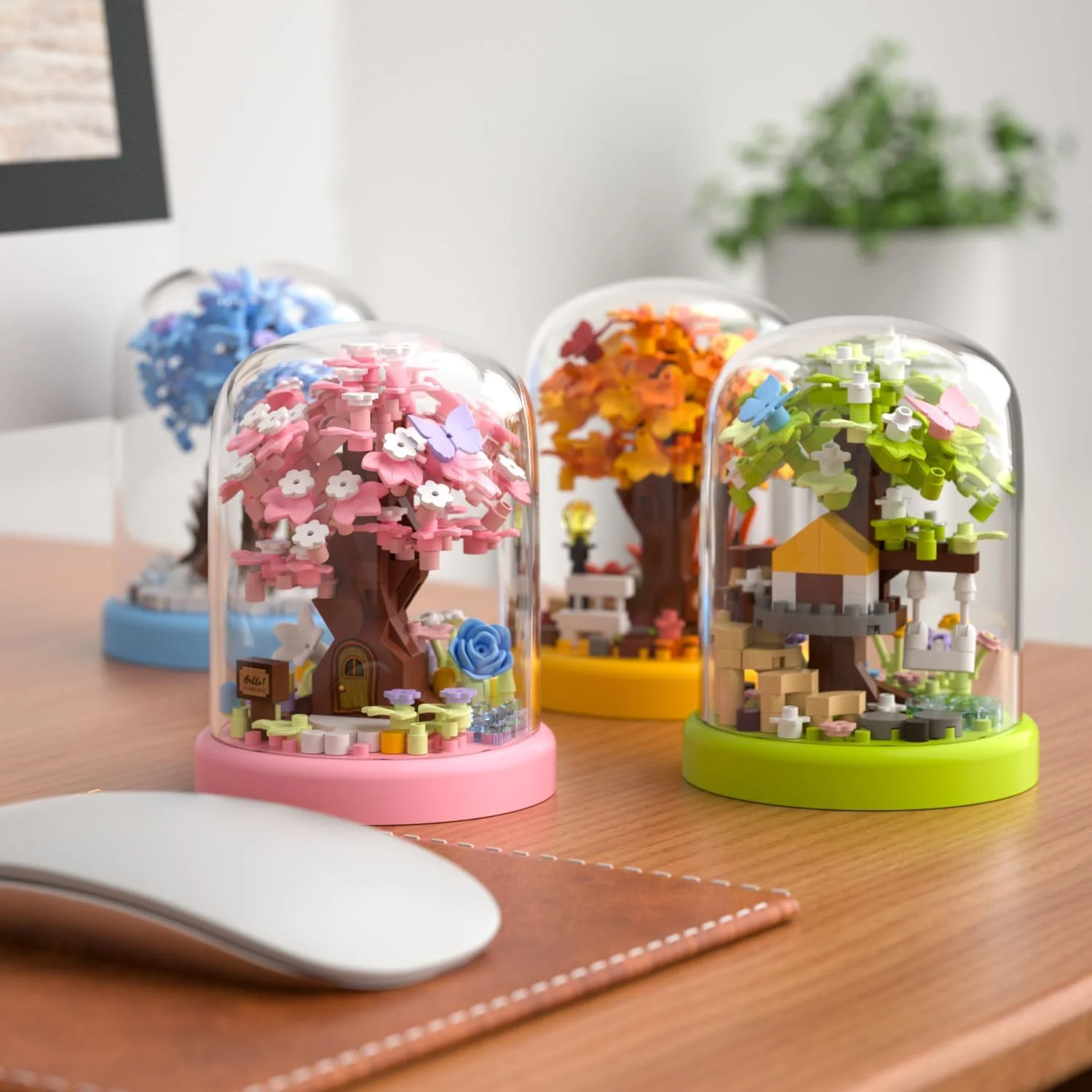مجموعه بلوک های ساختمانی خانه درختی با درختچه بونسای مینیاتوری، تزئینات گل و پوشش ضد گرد و غبار، کیت ساخت و ساز آموزشی DIY، هدیه ای خوب برای کودکان و بزرگسالان (4 عدد)