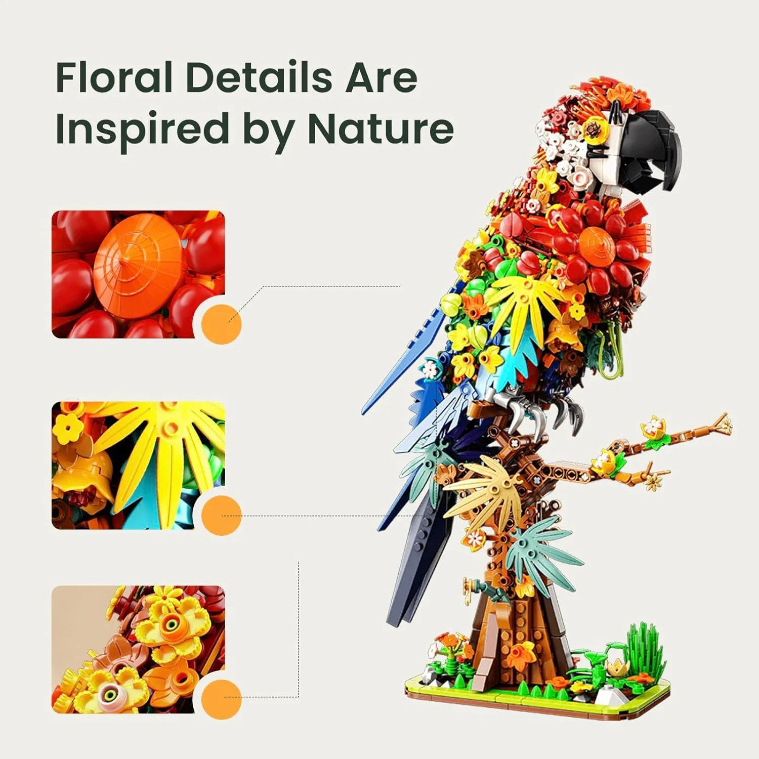 مجموعه ساختنی گل و طوطی، مدل نمایشی پرنده گلدار حیوانات، اسباب بازی ساختنی فیگور حیوانات، برای بزرگسالان و کودکان بالای 12 سال (1100 قطعه)